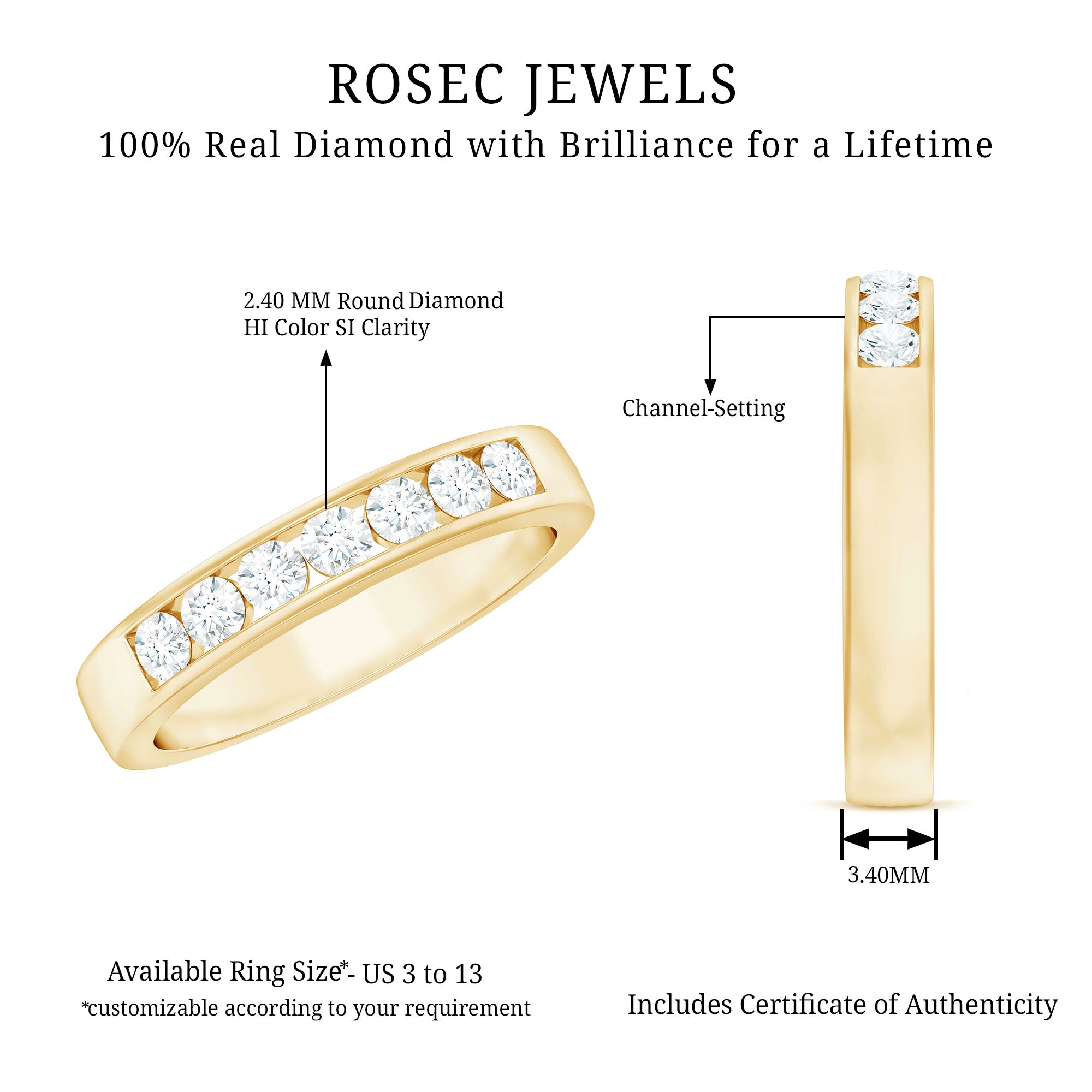 Diamond Seven Stone Band Ring in Channel Setting Natural - ( HI-SI ) - Rosec Jewels