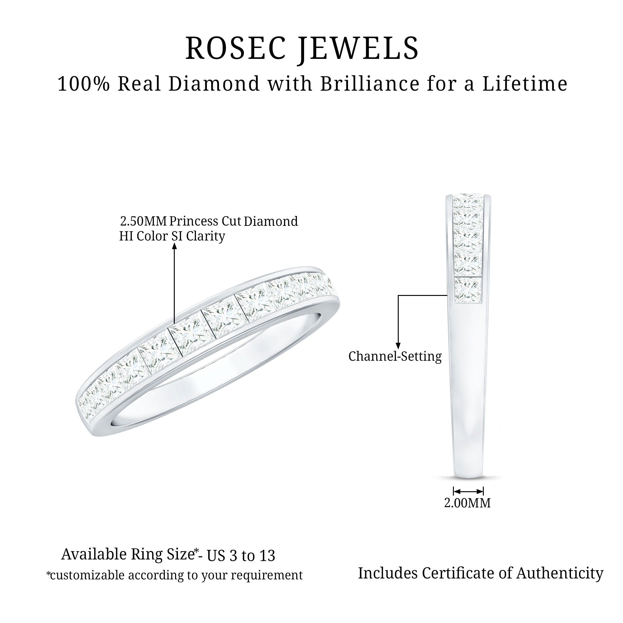 Princess Cut Diamond Half Eternity Ring in Channel Setting Natural - ( HI-SI ) - Rosec Jewels