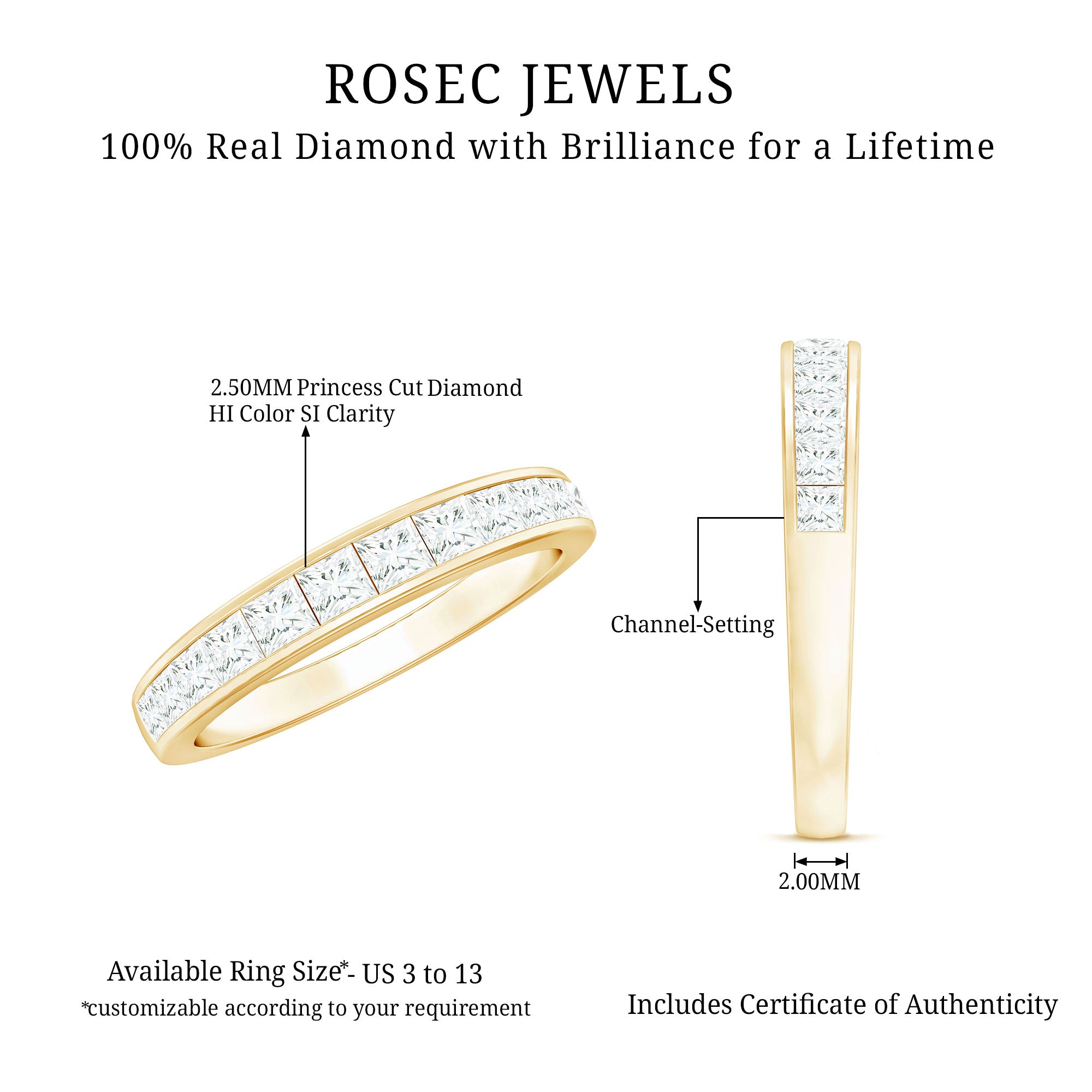Princess Cut Diamond Half Eternity Ring in Channel Setting Natural - ( HI-SI ) - Rosec Jewels