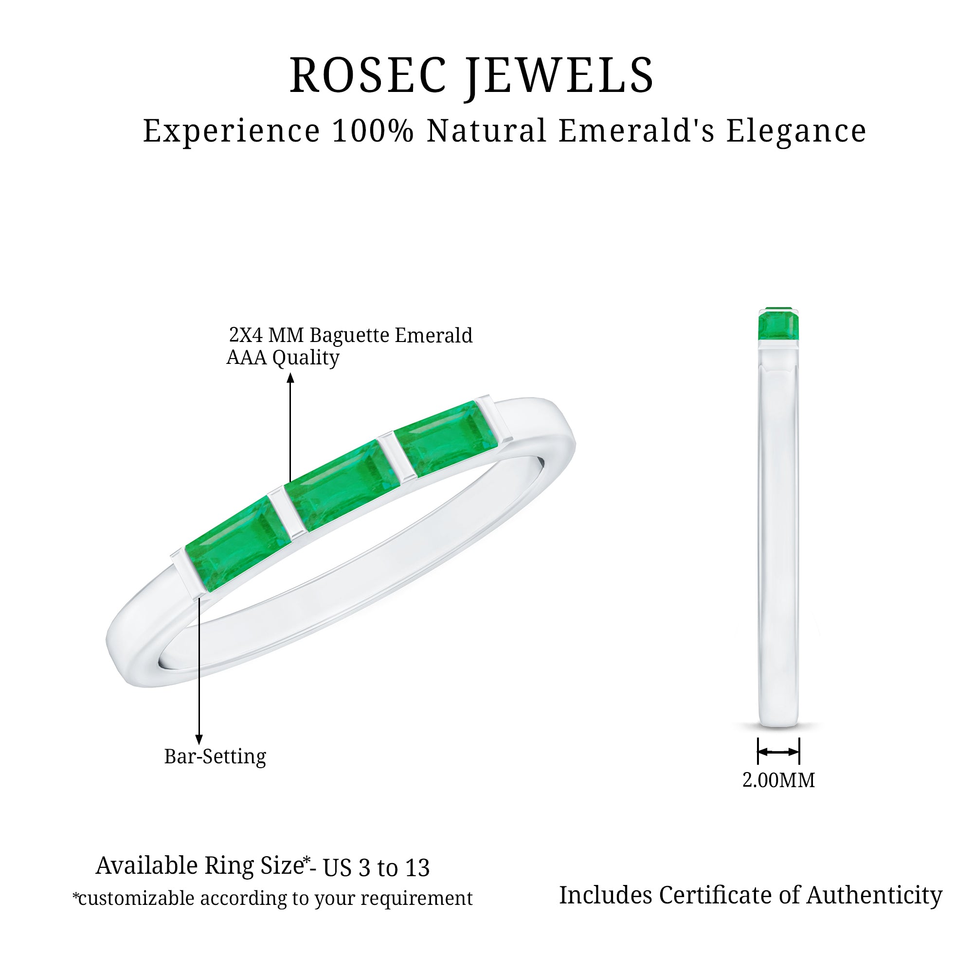 Baguette Cut Real Emerald 3 Stone Ring with Certificate AAA - Rosec Jewels