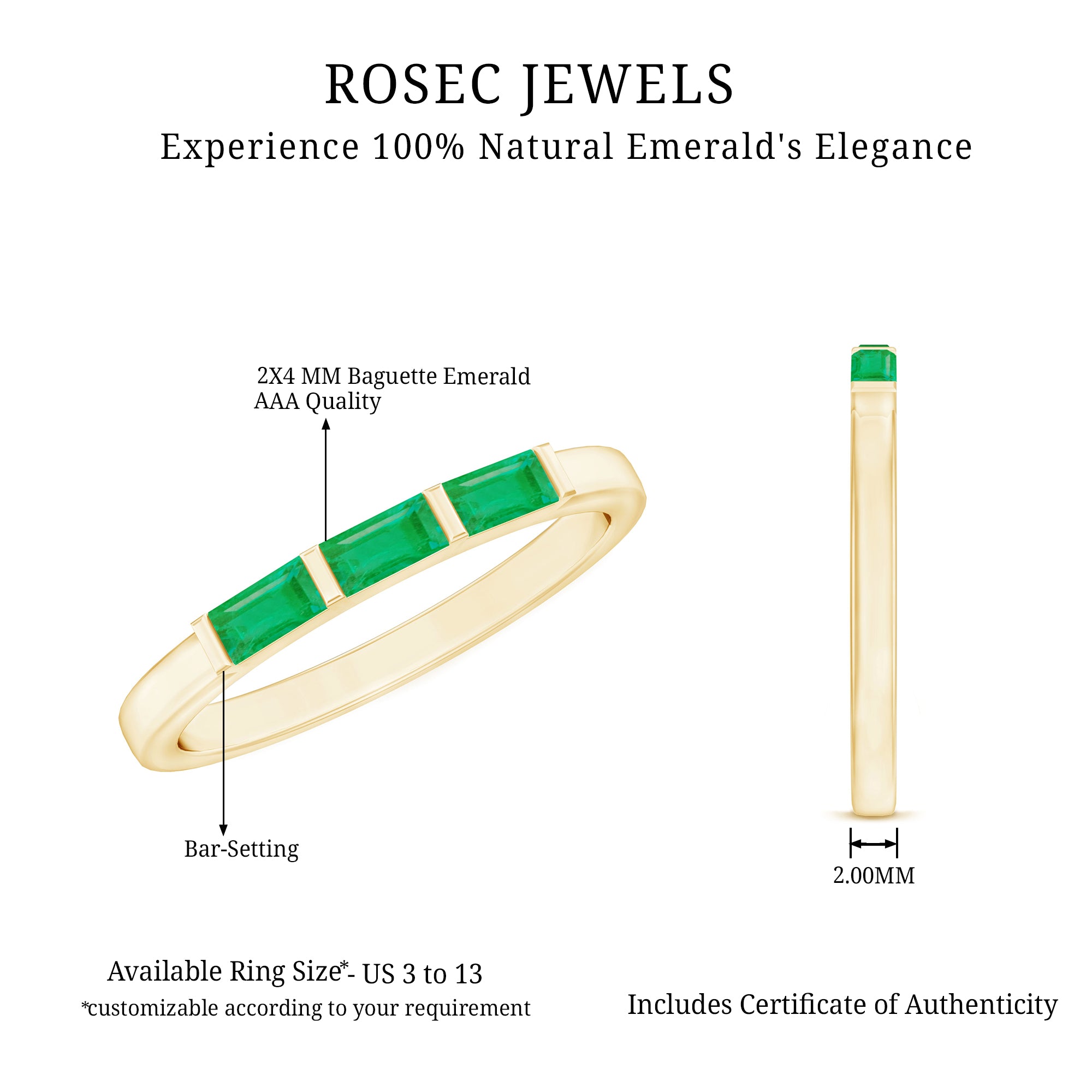 Baguette Cut Real Emerald 3 Stone Ring with Certificate AAA - Rosec Jewels