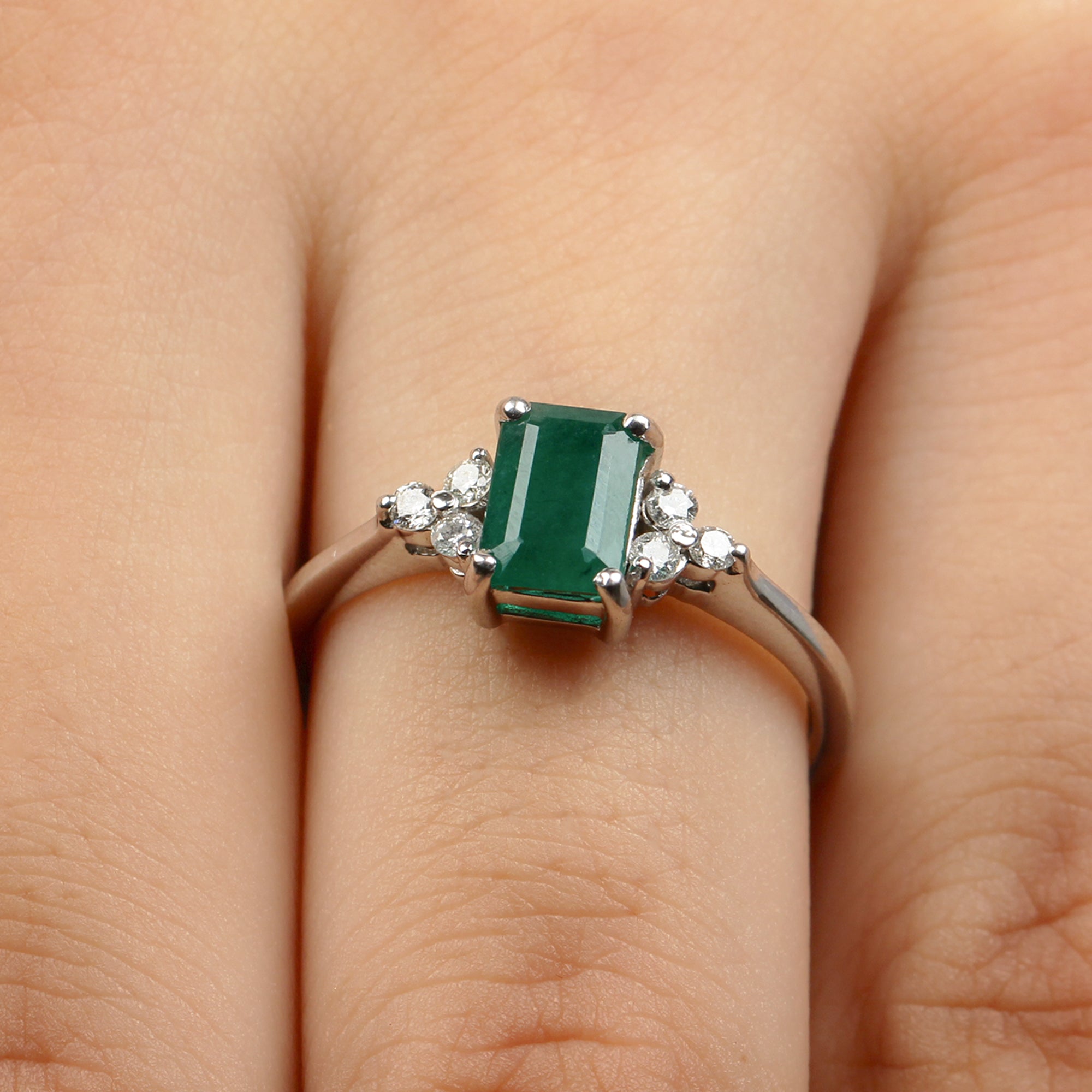 Octagon Cut Emerald Engagement Ring with Diamond Trio AAA - Rosec Jewels