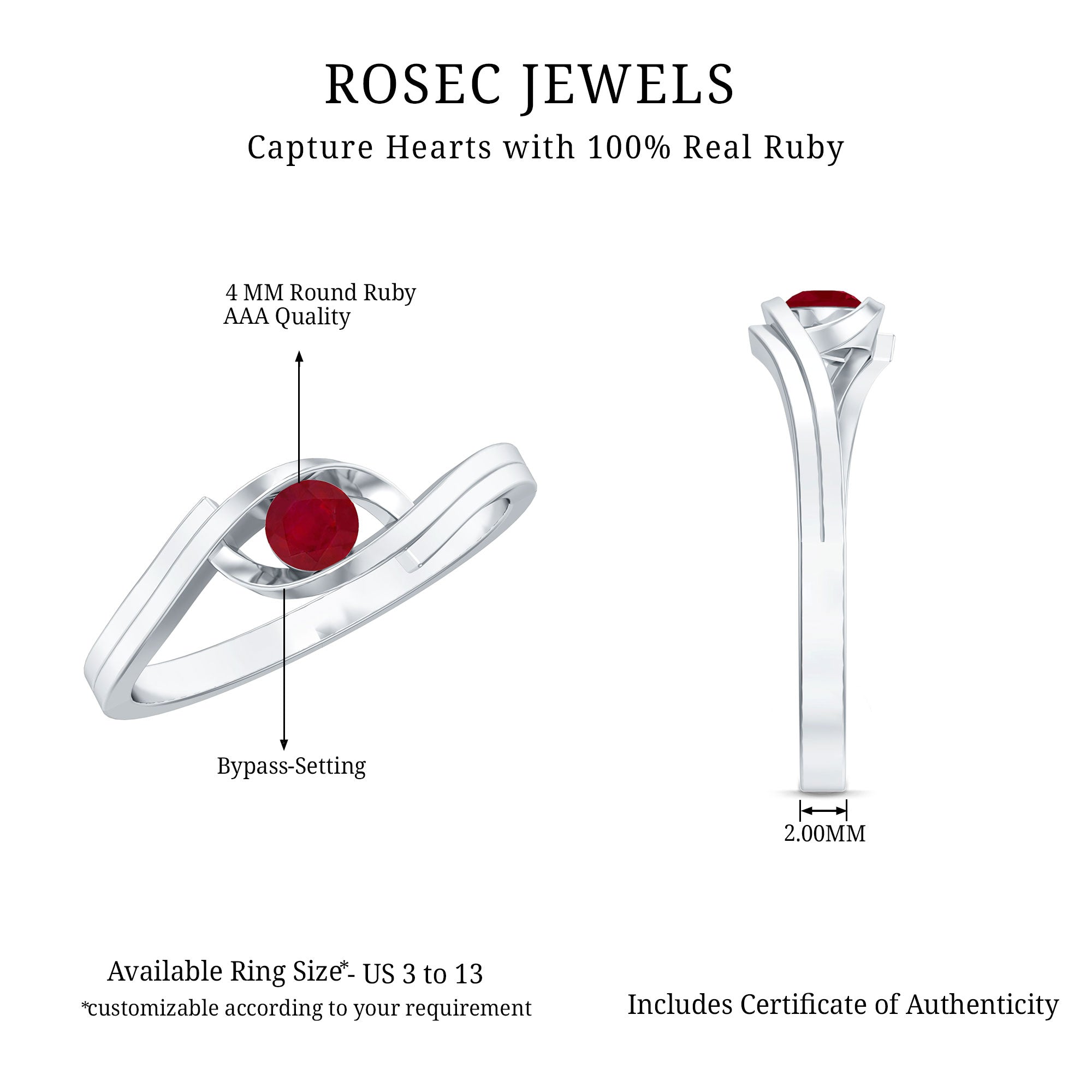 Natural Red Ruby Promise Ring with Bypass Shank AAA - Rosec Jewels