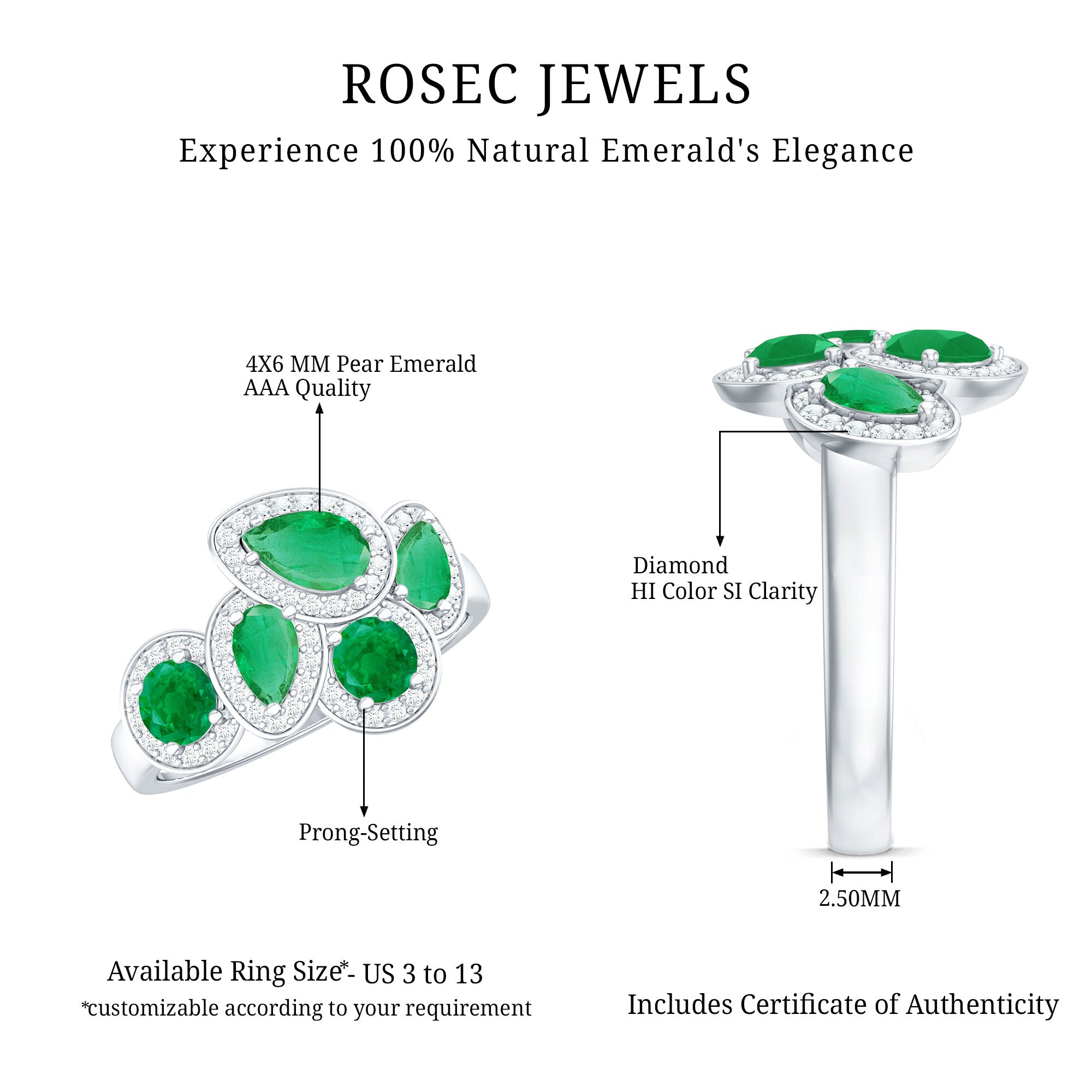 Natural Emerald and Diamond Cluster Engagement Ring AAA - Rosec Jewels