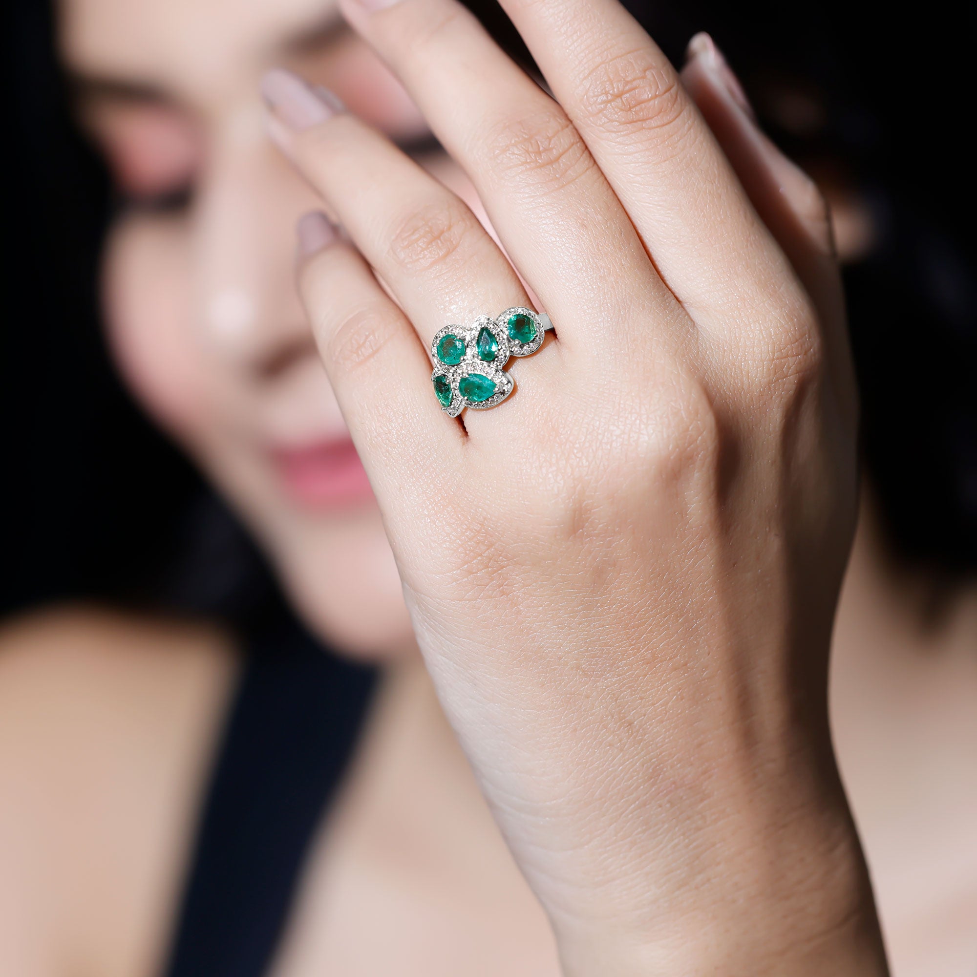 Natural Emerald and Diamond Cluster Engagement Ring AAA - Rosec Jewels