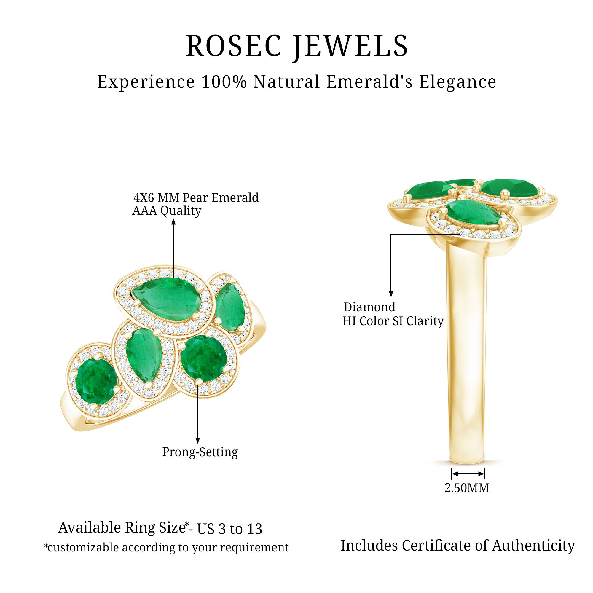 Natural Emerald and Diamond Cluster Engagement Ring AAA - Rosec Jewels