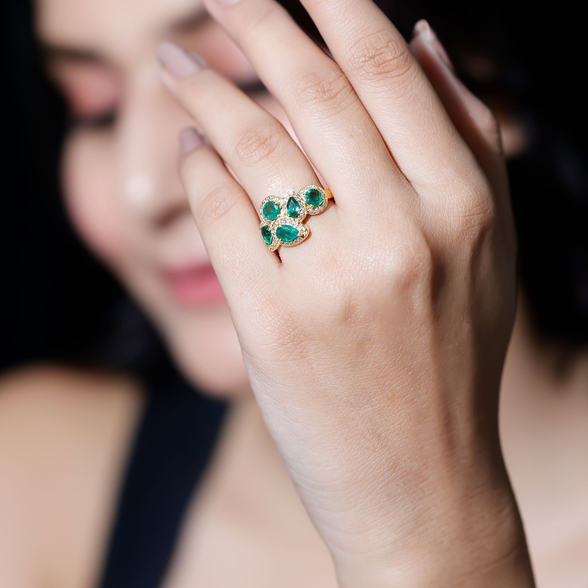 Natural Emerald and Diamond Cluster Engagement Ring AAA - Rosec Jewels