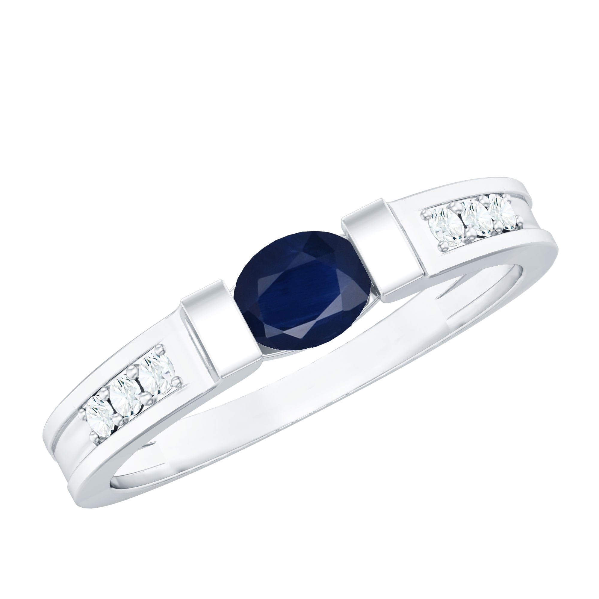 0.5 CT Oval Blue Sapphire East West Solitaire Ring with Diamond