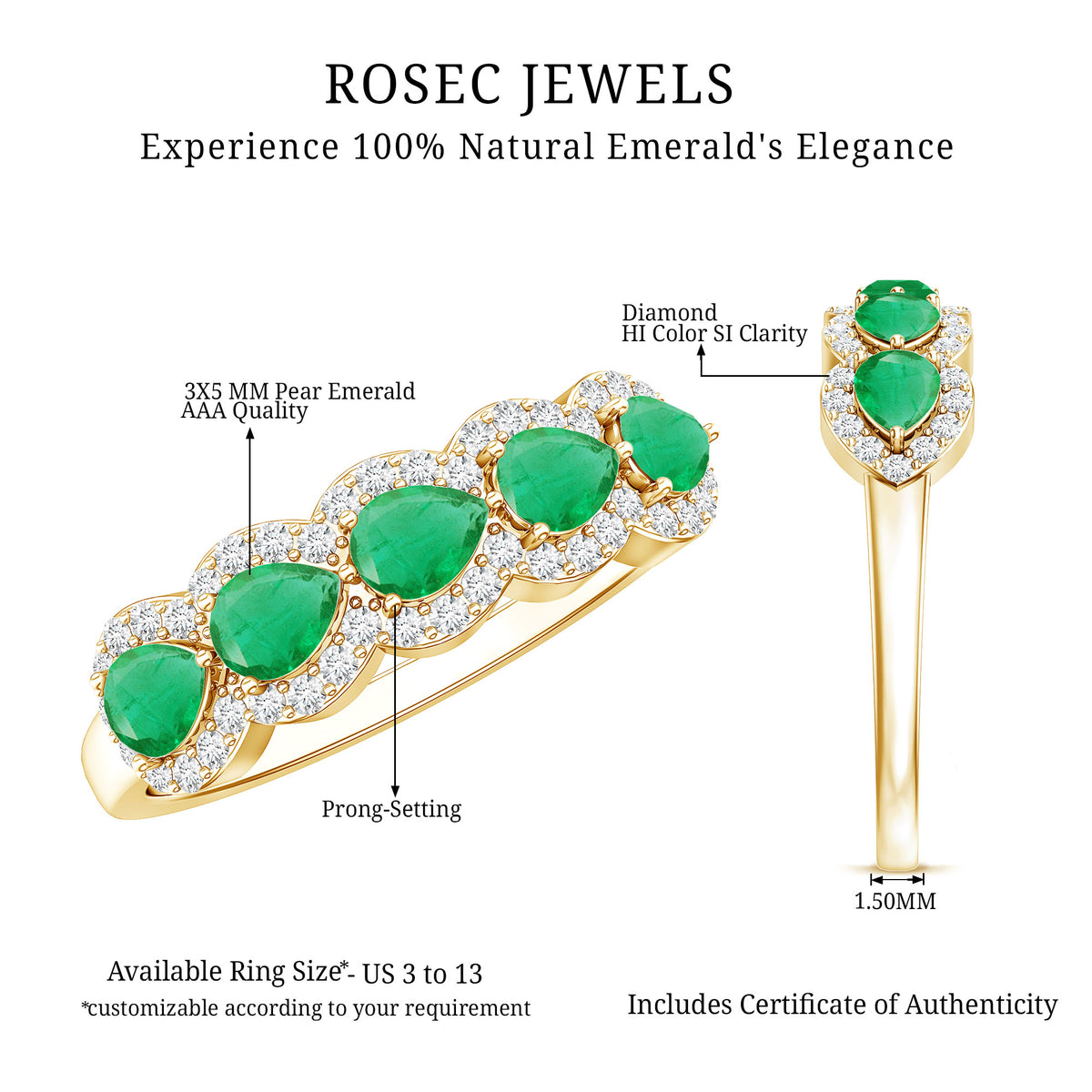 Pear Shape Emerald Anniversary Wedding Ring with Diamond Accent AAA - Rosec Jewels