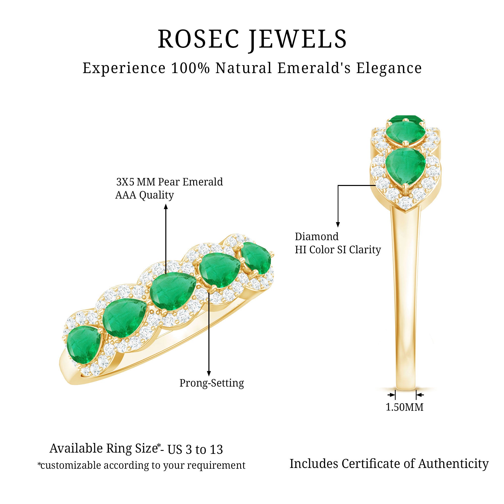 Pear Shape Emerald Anniversary Wedding Ring with Diamond Accent AAA - Rosec Jewels