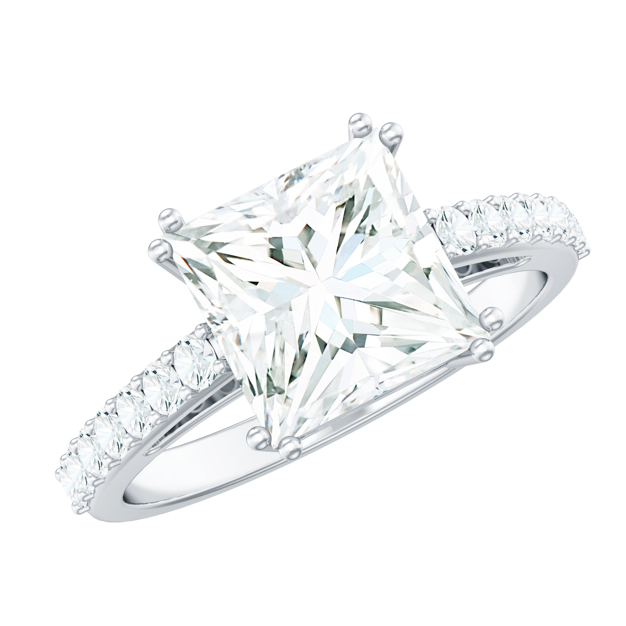 Classic Princess Cut Moissanite Solitaire Engagement Ring with Side Stones