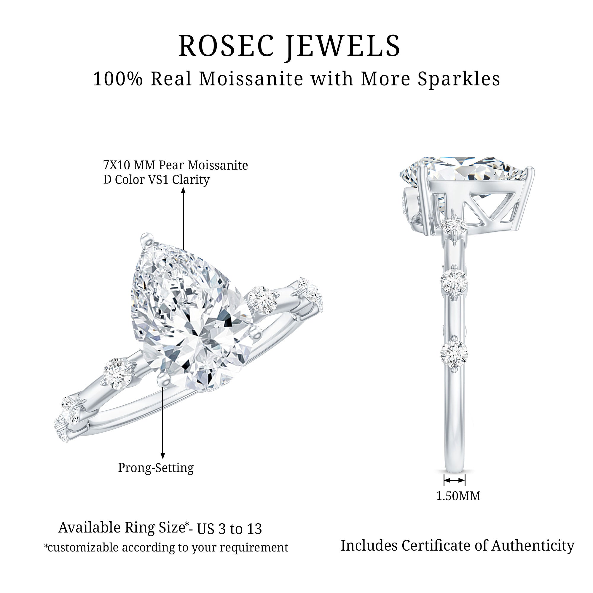 Brilliant Cut Moissanite Pear Shape Engagement Ring with Hidden Halo D-VS1 - Rosec Jewels