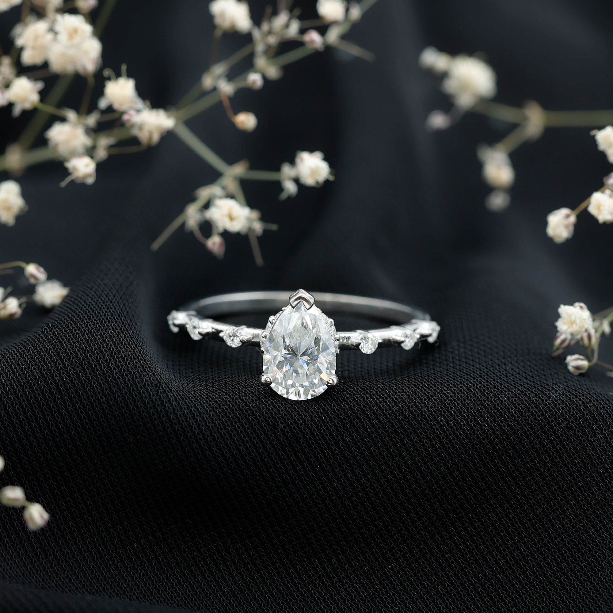 Brilliant Cut Moissanite Pear Shape Engagement Ring with Hidden Halo D-VS1 - Rosec Jewels