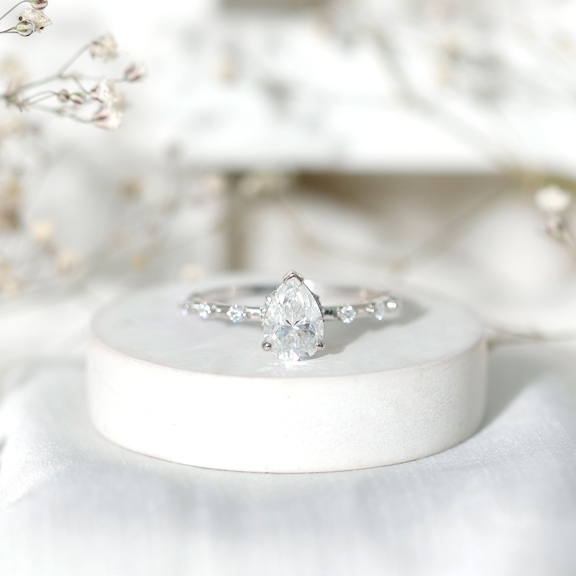 Brilliant Cut Moissanite Pear Shape Engagement Ring with Hidden Halo D-VS1 - Rosec Jewels