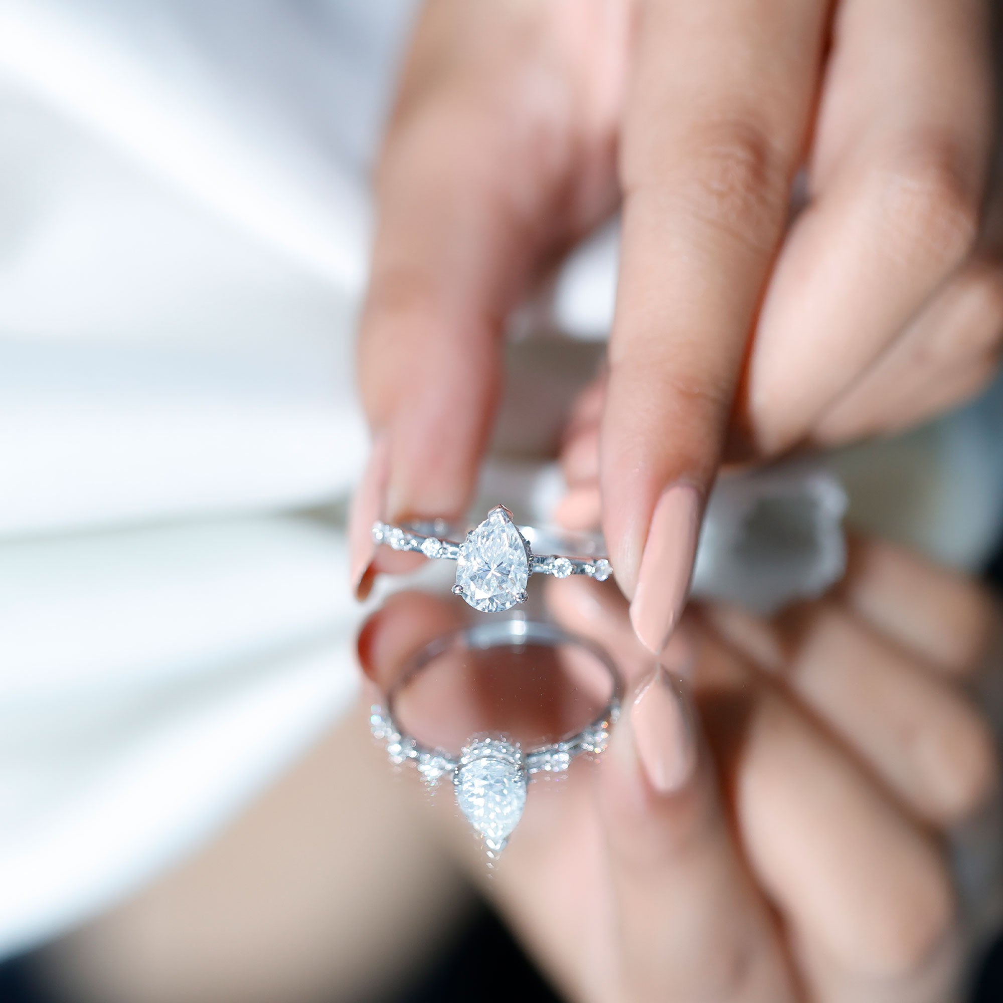 Brilliant Cut Moissanite Pear Shape Engagement Ring with Hidden Halo D-VS1 - Rosec Jewels