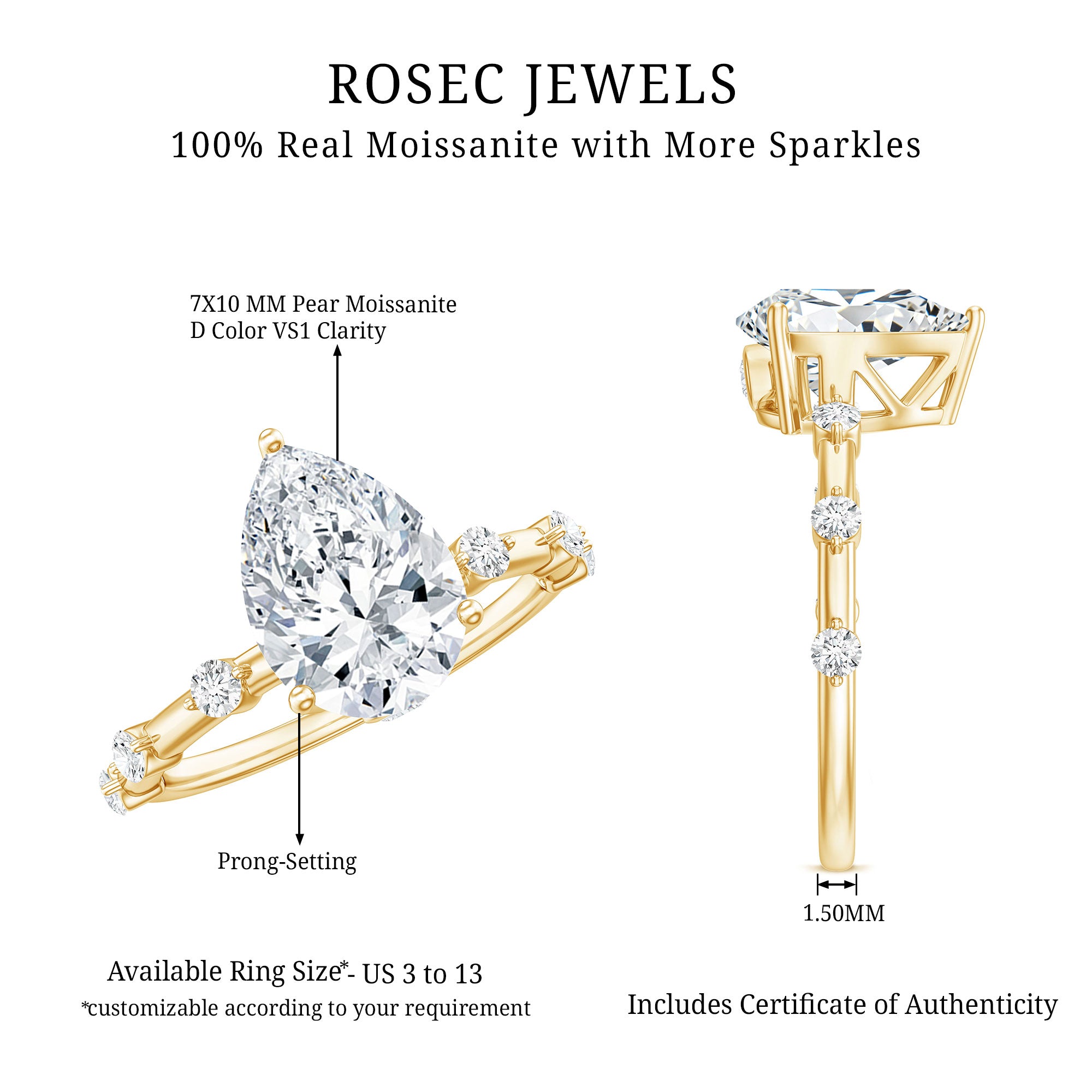 Brilliant Cut Moissanite Pear Shape Engagement Ring with Hidden Halo D-VS1 - Rosec Jewels