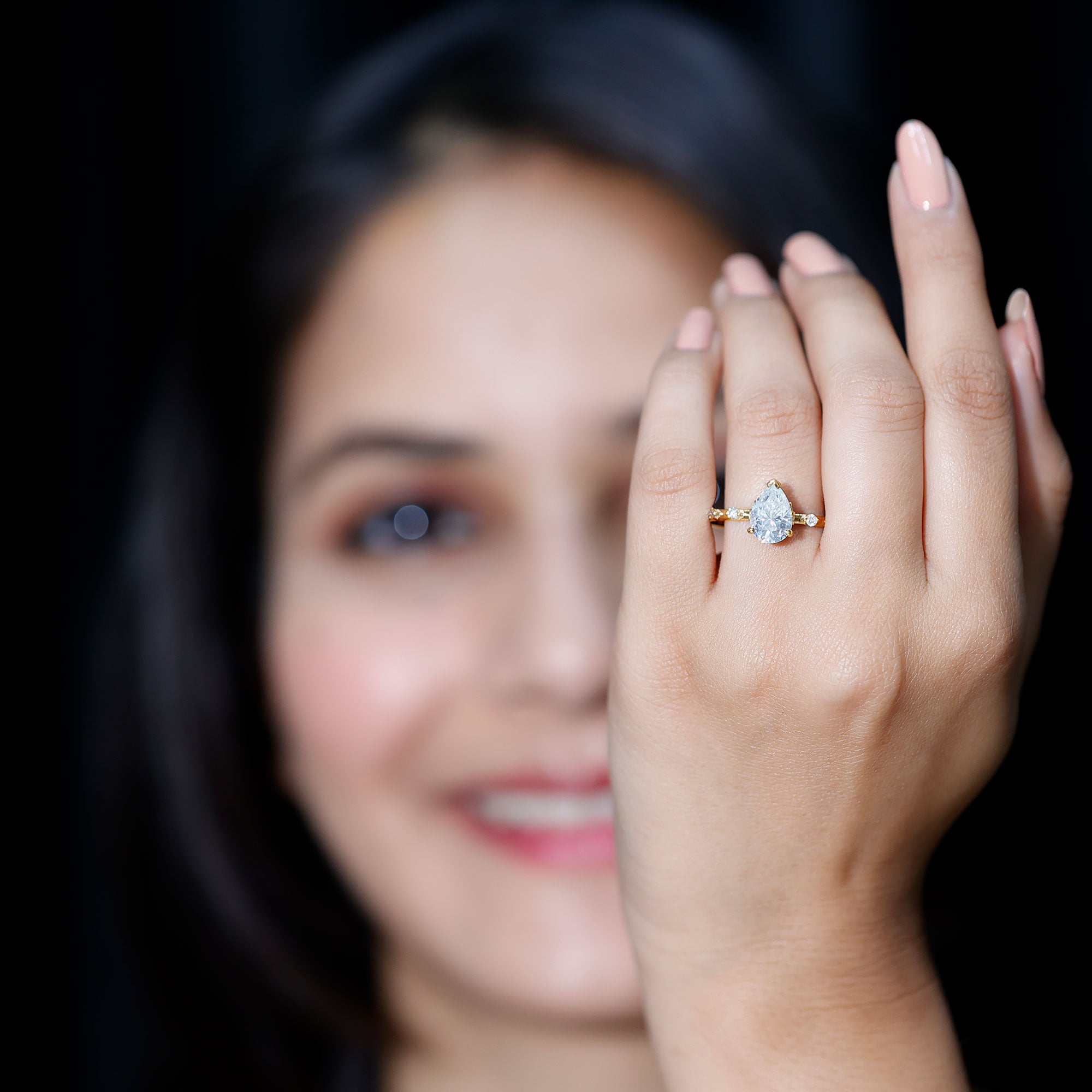 Brilliant Cut Moissanite Pear Shape Engagement Ring with Hidden Halo D-VS1 - Rosec Jewels