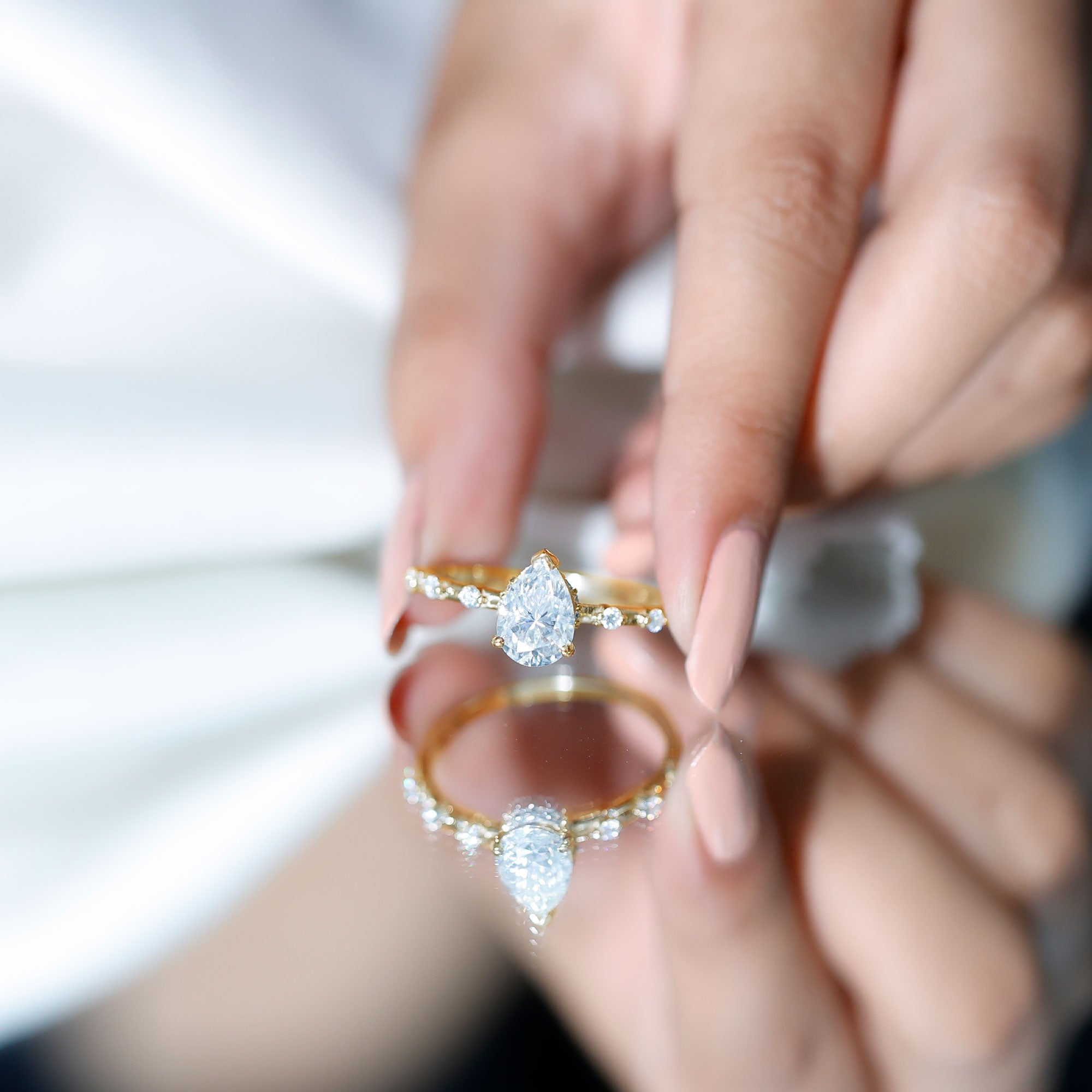 Brilliant Cut Moissanite Pear Shape Engagement Ring with Hidden Halo D-VS1 - Rosec Jewels