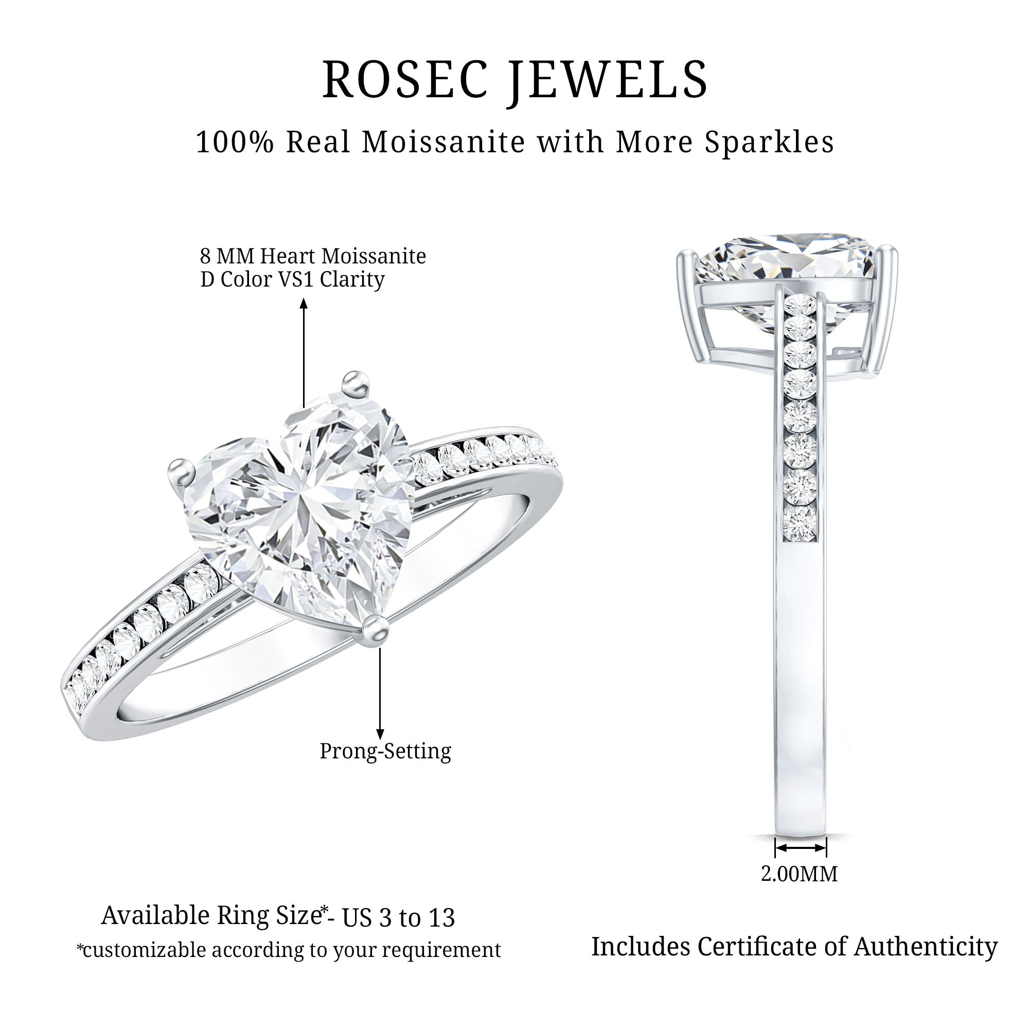 Moissanite 8MM Heart Engagement Ring with Side Stones D-VS1 - Rosec Jewels