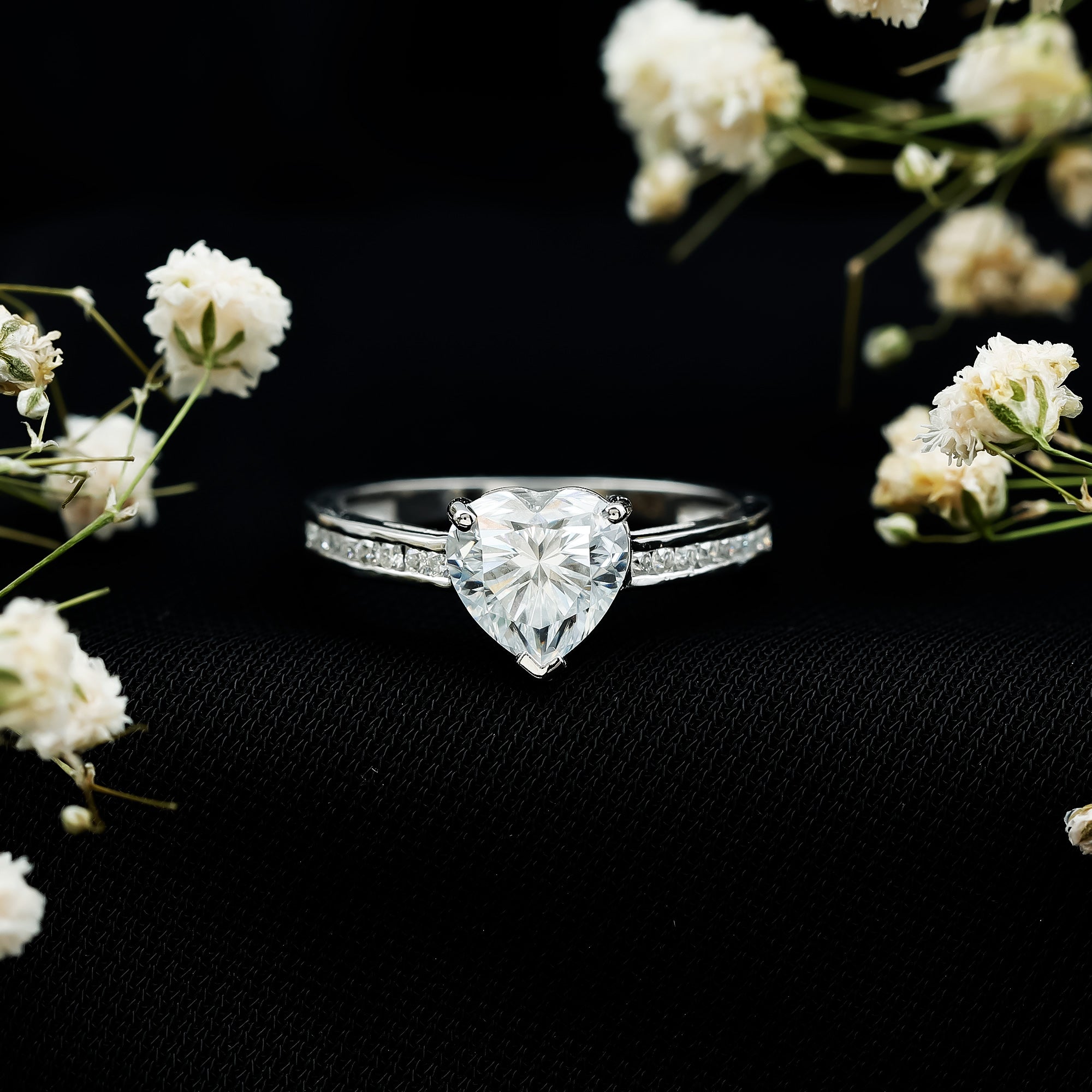 Moissanite 8MM Heart Engagement Ring with Side Stones D-VS1 - Rosec Jewels
