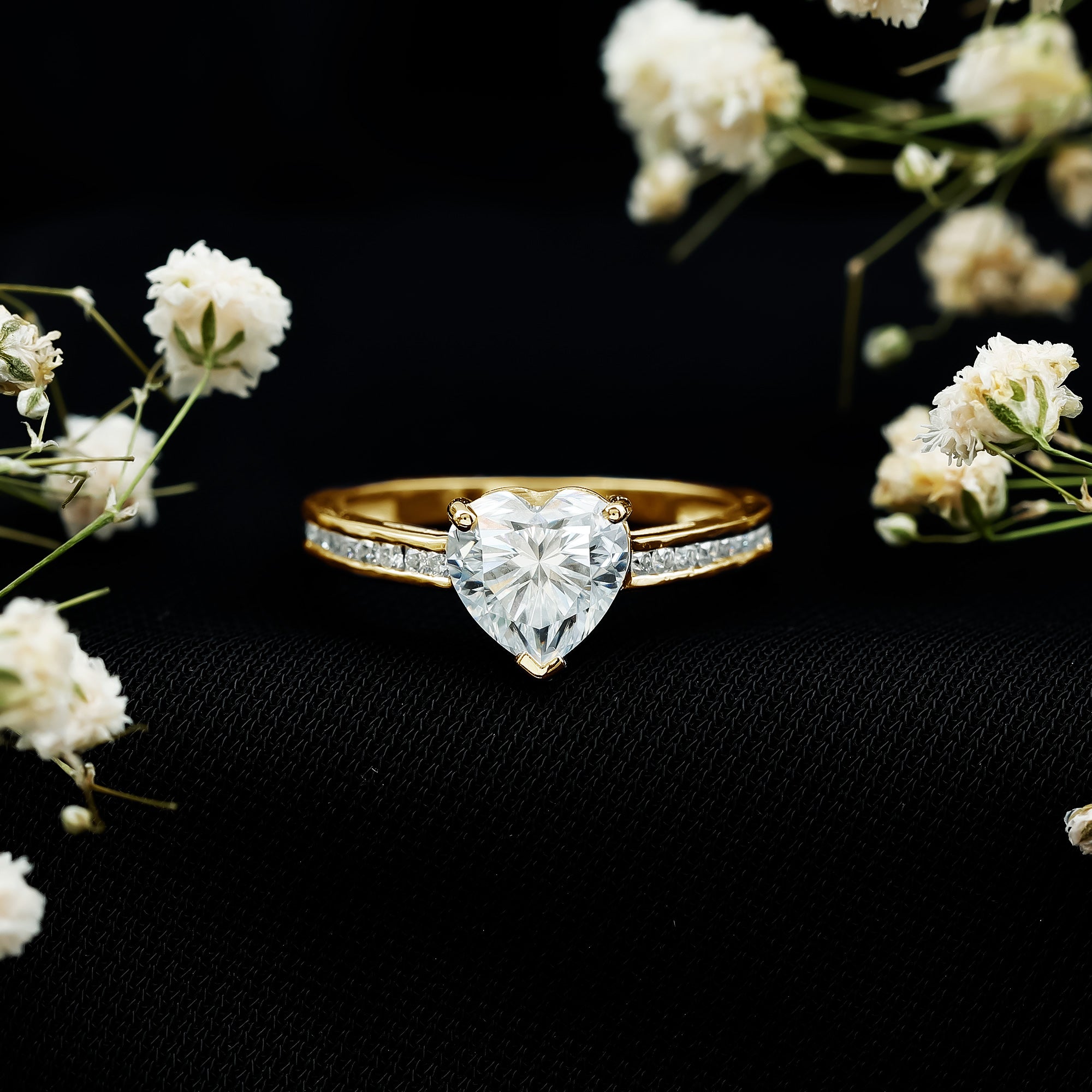 Moissanite 8MM Heart Engagement Ring with Side Stones D-VS1 - Rosec Jewels