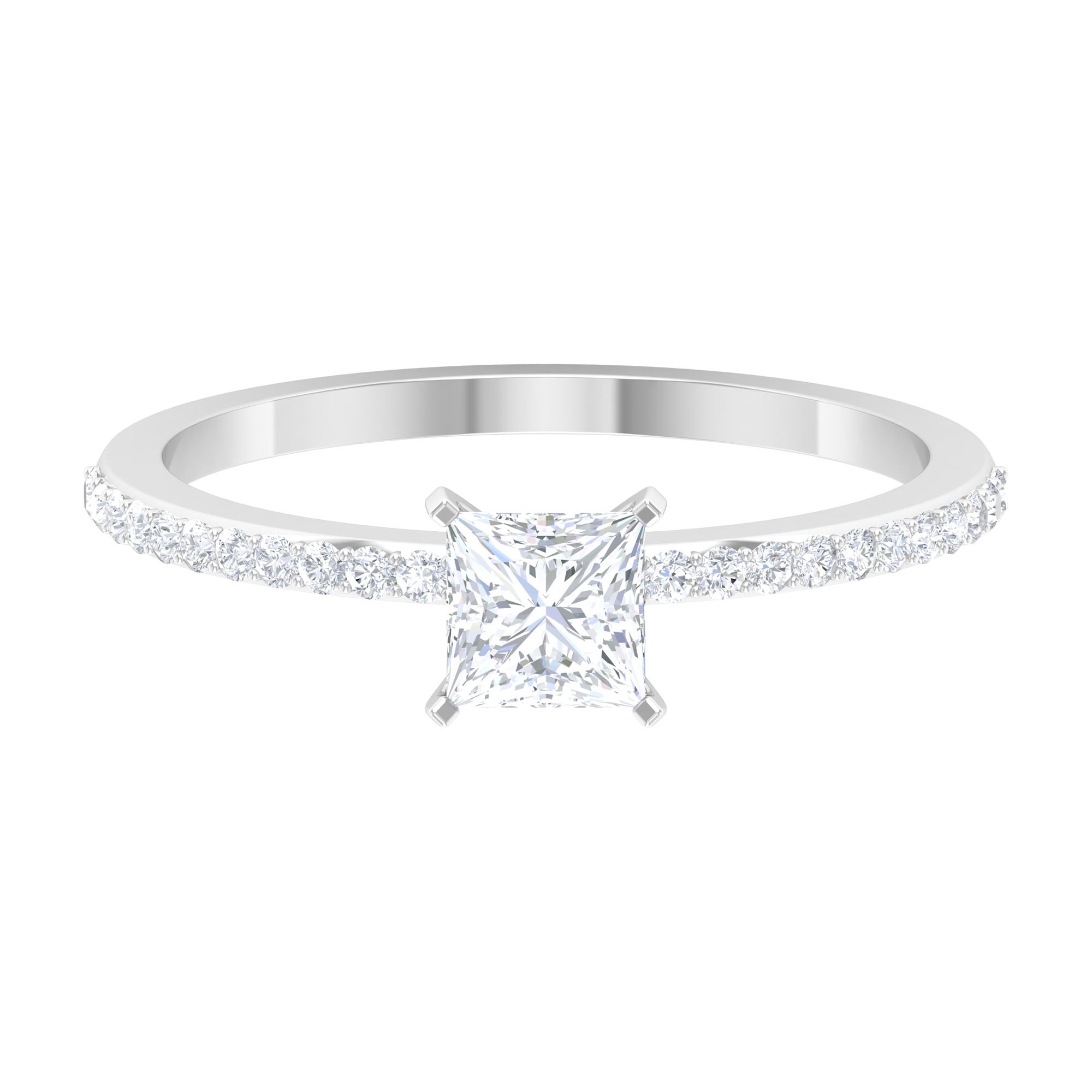 3/4 CT Princess Cut Cubic Zircon Solitaire Ring with Side Stones AAAA - Rosec Jewels