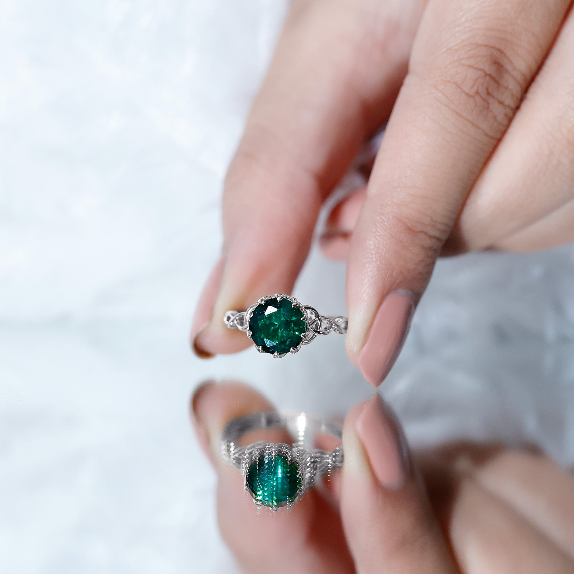 Lotus Basket Set Lab Grown Emerald Knot Engagement Ring AAAA - Rosec Jewels