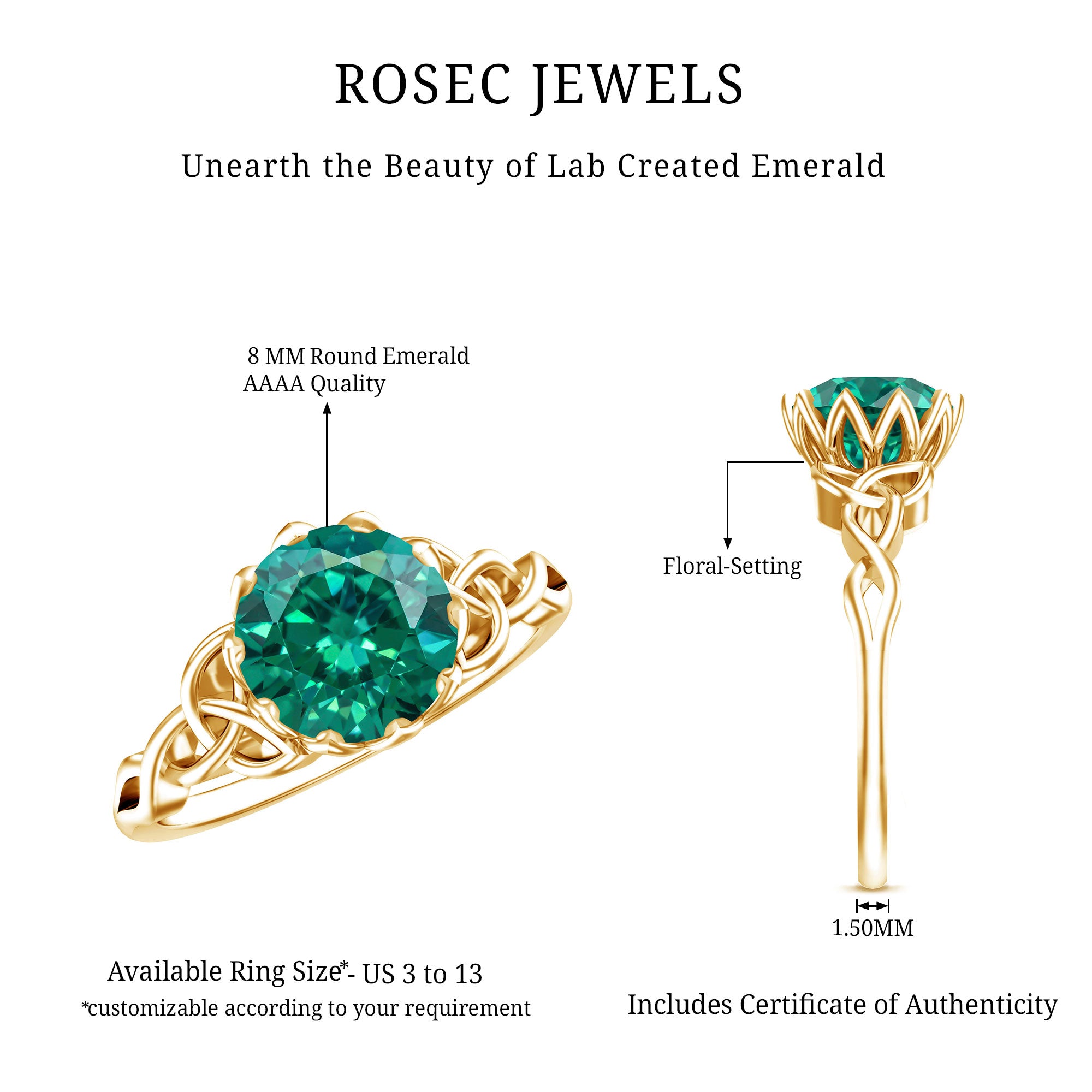 Lotus Basket Set Lab Grown Emerald Knot Engagement Ring AAAA - Rosec Jewels