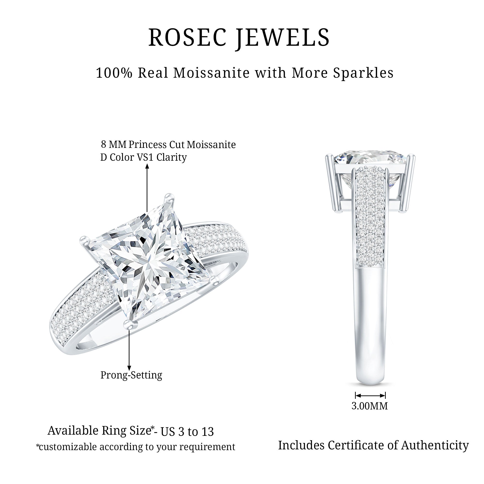 Princess Cut Moissanite Engagement Ring With Certificate D-VS1 - Rosec Jewels