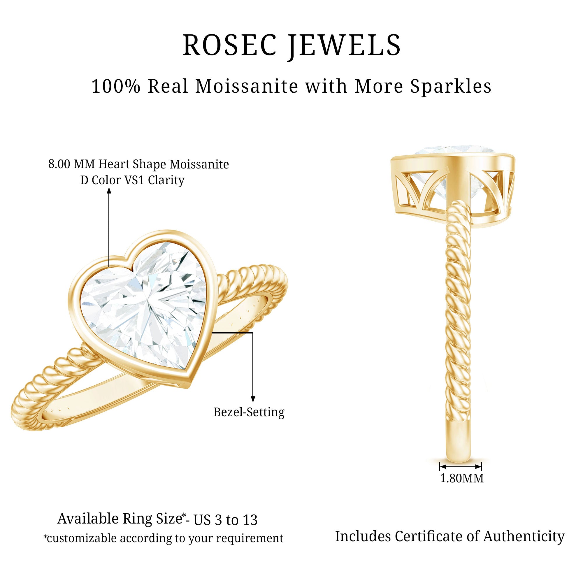 Bezel Set Moissanite Heart Engagement Ring with Twisted Rope Band D-VS1 - Rosec Jewels