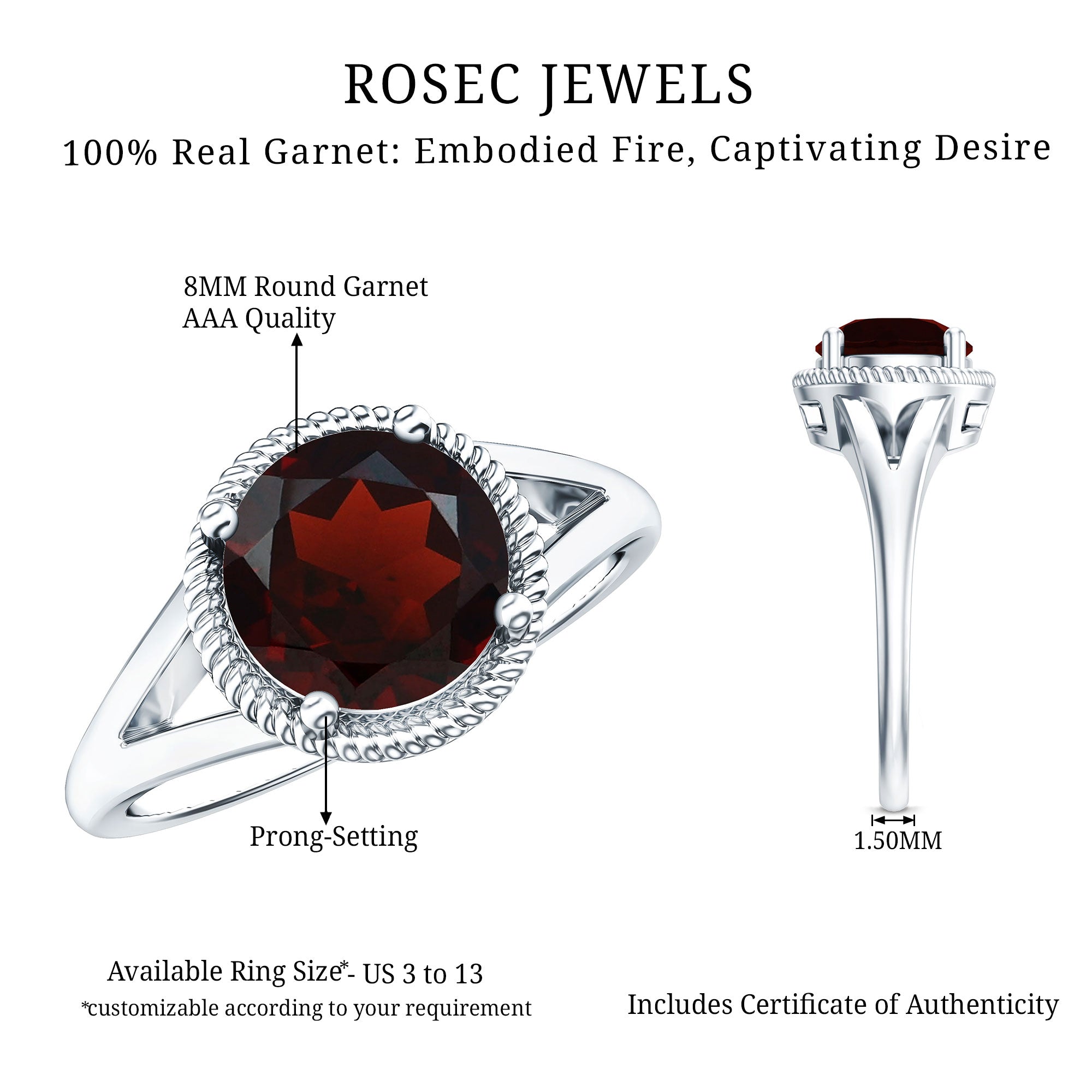 Real 8mm Solitaire Garnet Engagement Ring with Split Shank AAA - Rosec Jewels