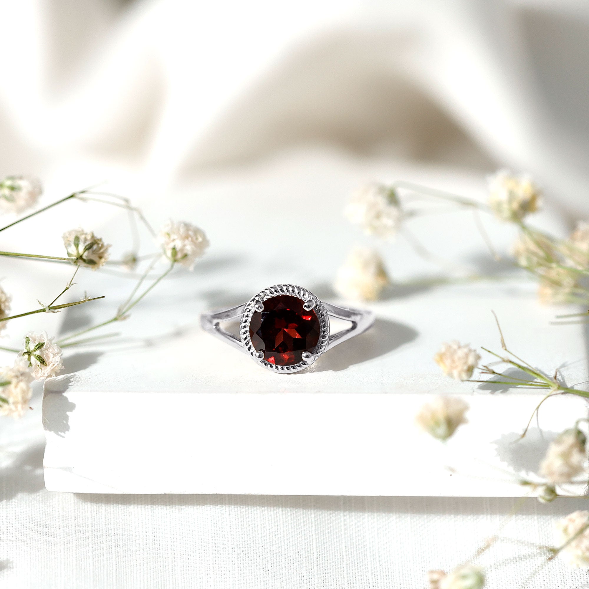 Real 8mm Solitaire Garnet Engagement Ring with Split Shank AAA - Rosec Jewels