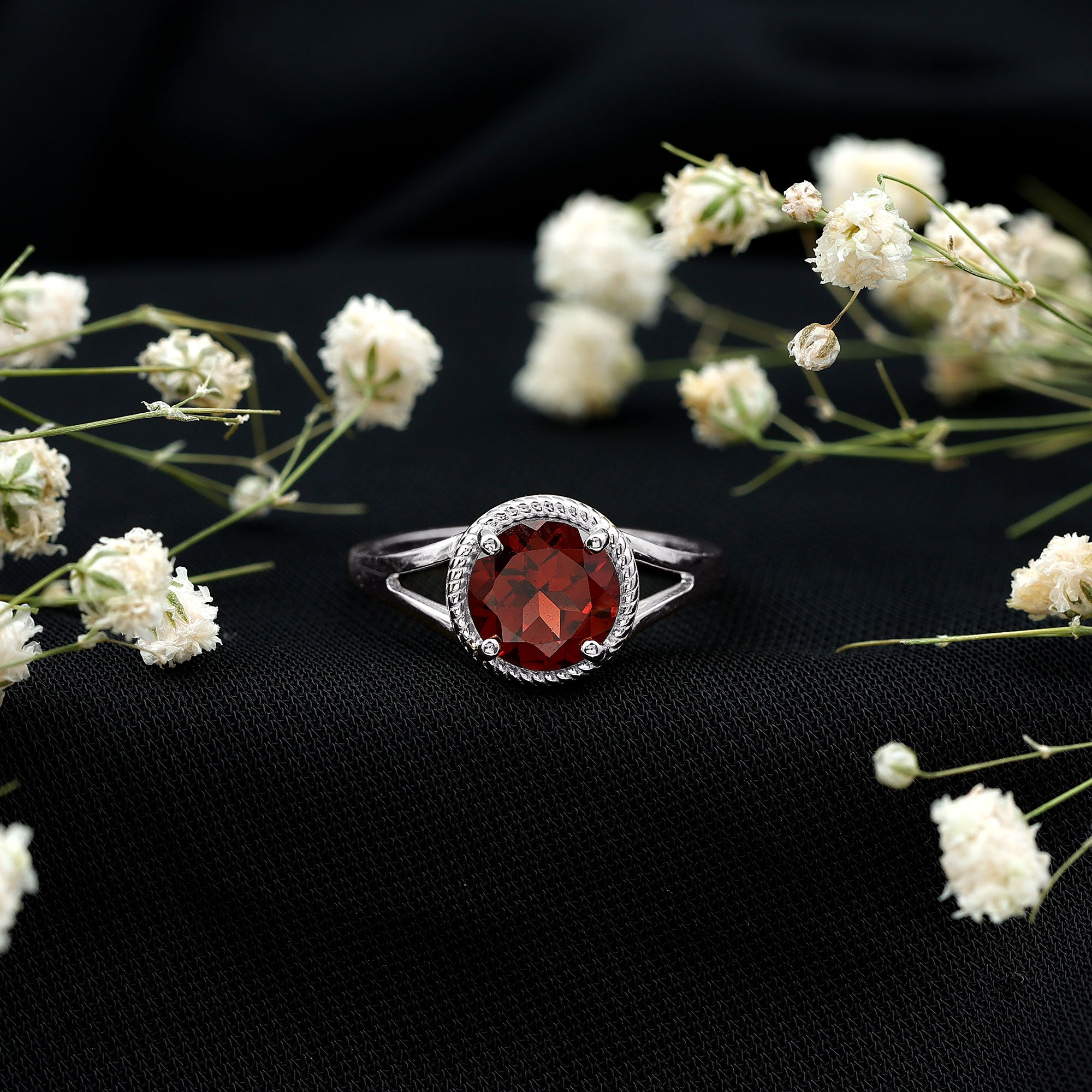 Real 8mm Solitaire Garnet Engagement Ring with Split Shank AAA - Rosec Jewels