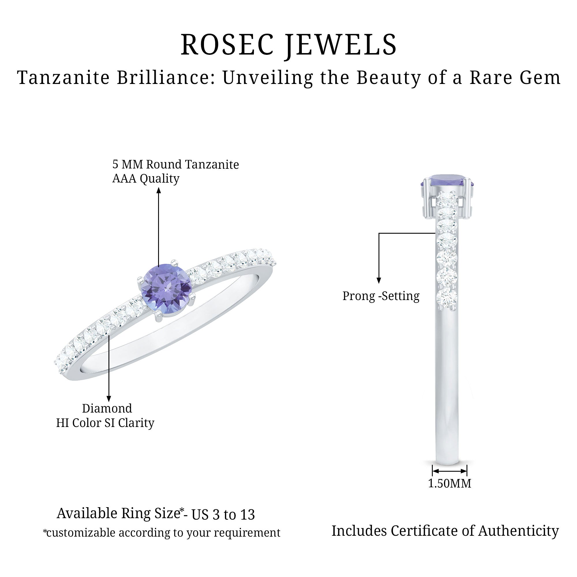 Rosec Jewels-Natural Tanzanite Diamond Promise Ring for Engagement