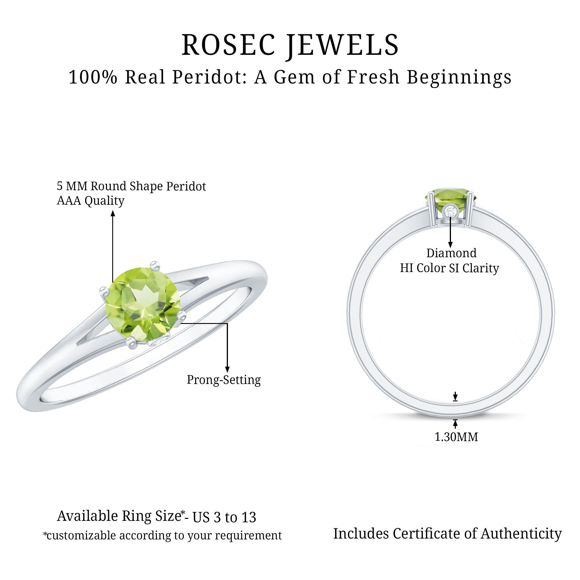 Natural Half Carat Peridot Promise Ring with Diamond AAA - Rosec Jewels