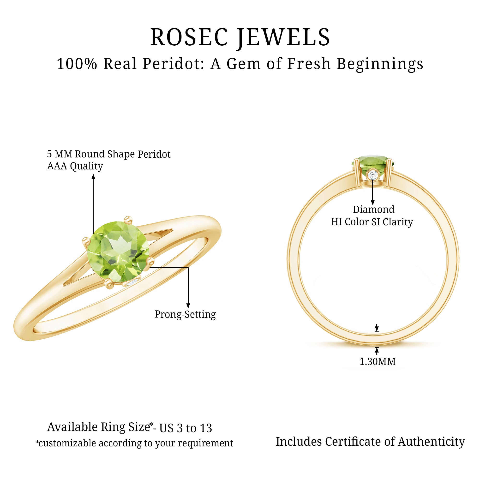 Natural Half Carat Peridot Promise Ring with Diamond AAA - Rosec Jewels