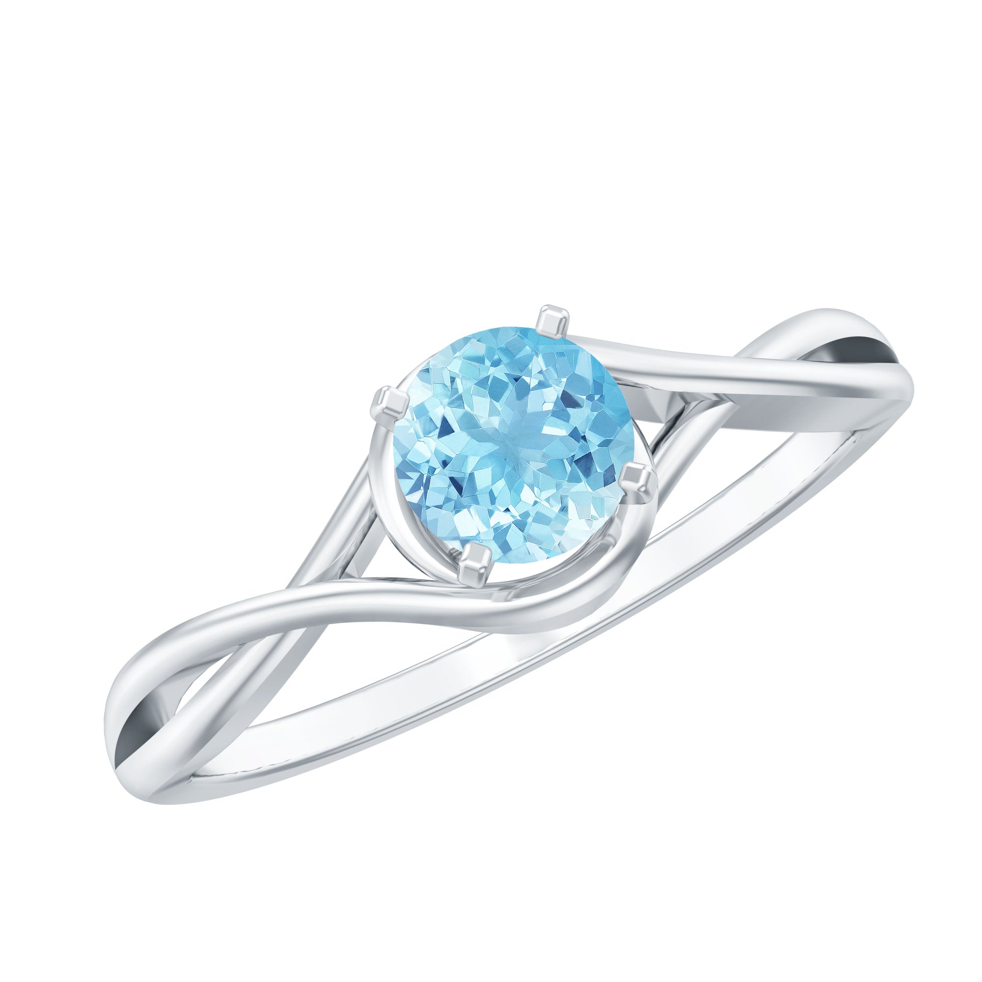 Bague solitaire aigue-marine ronde 1/2 ct en serti griffe carrée avec tige croisée