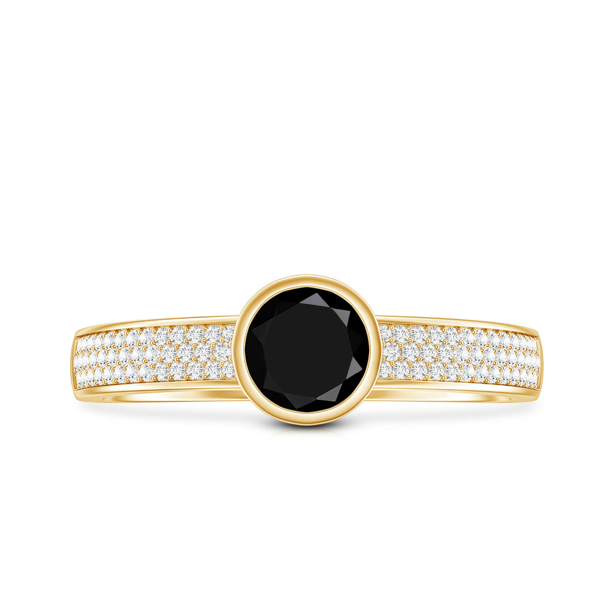 Natural Black Spinel Bezel Set Engagement Ring with Diamond Side Stones AAA - Rosec Jewels