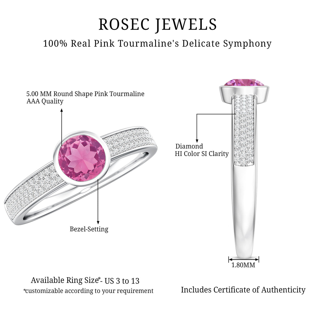 0.4 Carat Solitaire Pink Tourmaline and Diamond Engagement Ring AAA - Rosec Jewels