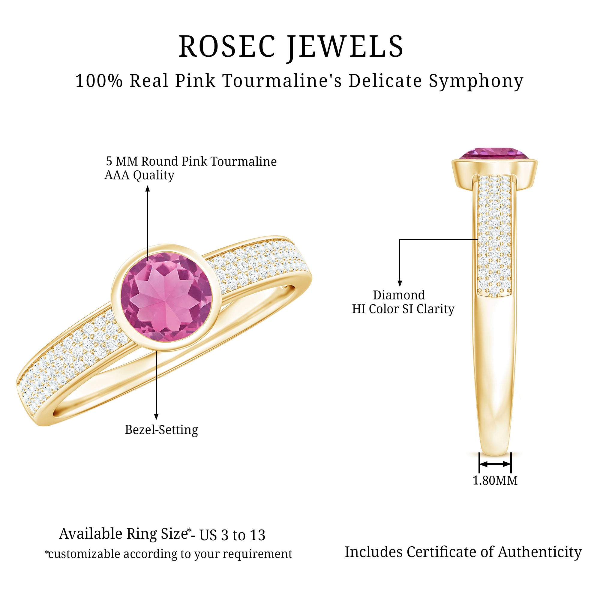 0.75 CT Solitaire Pink Tourmaline and Diamond Engagement Ring AAA - Rosec Jewels