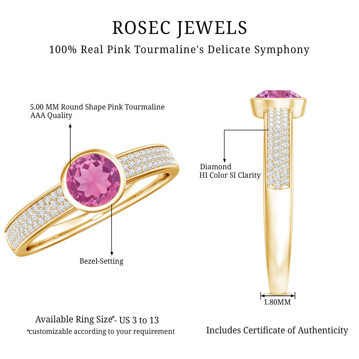 0.4 Carat Solitaire Pink Tourmaline and Diamond Engagement Ring AAA - Rosec Jewels