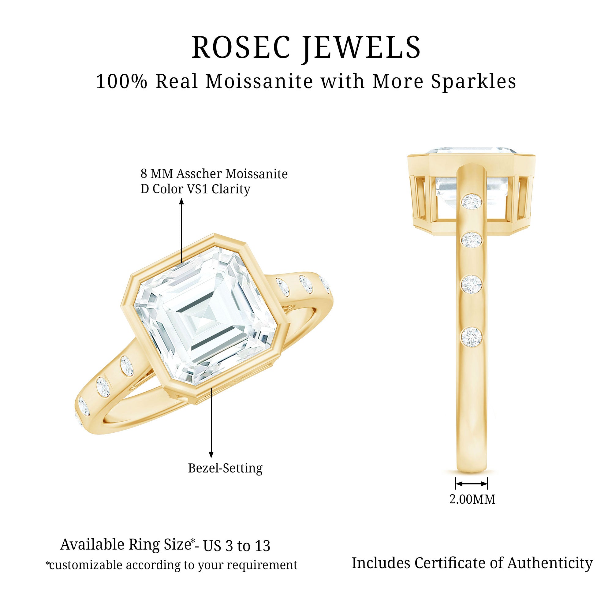 Solitaire Moissanite Asscher Cut Engagement Ring in Bezel Setting D-VS1 - Rosec Jewels