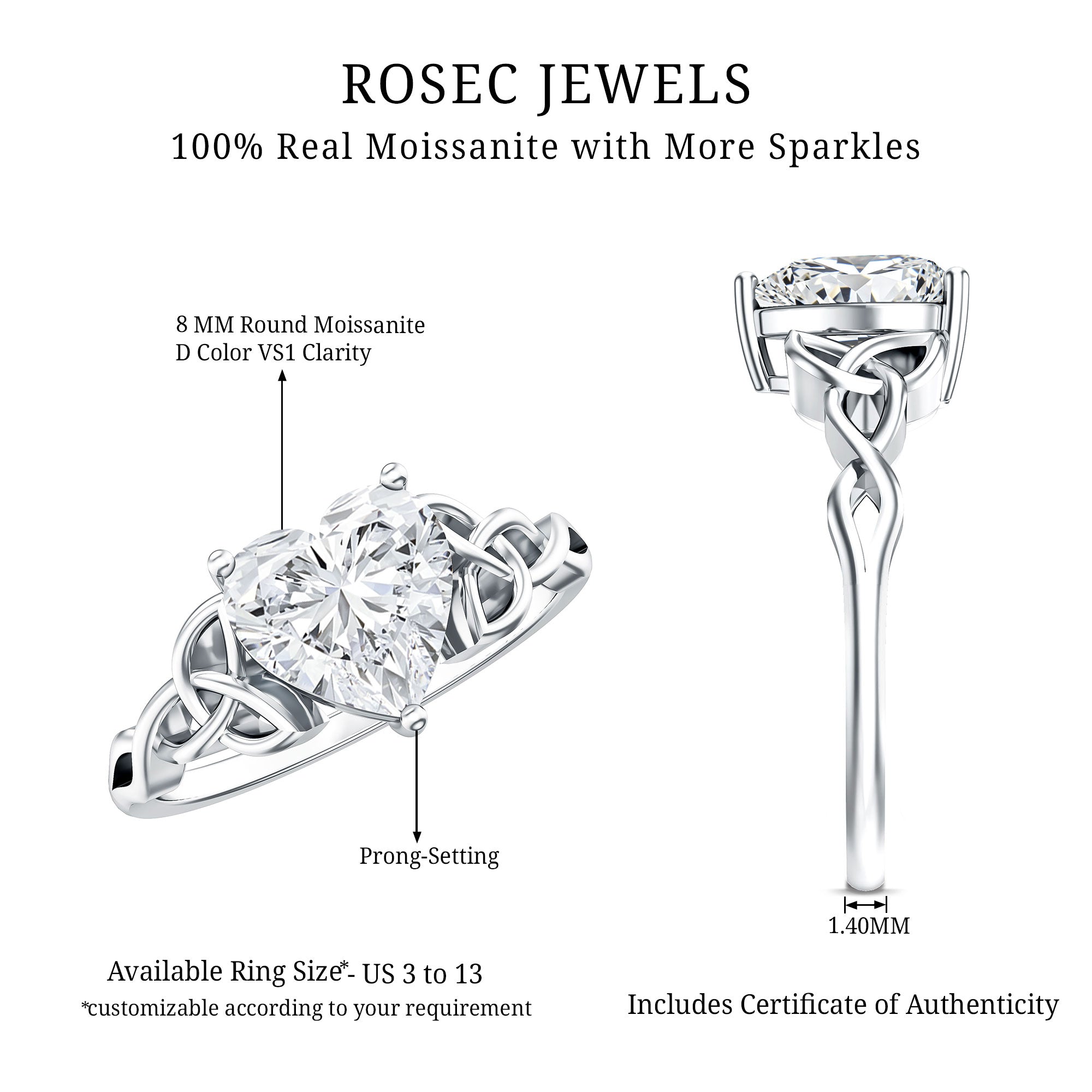 Heart Shaped Moissanite Celtic Engagement Ring D-VS1 - Rosec Jewels