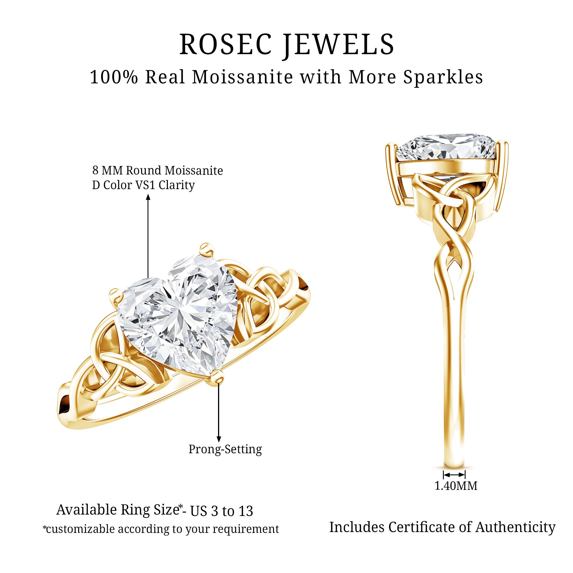 Heart Shaped Moissanite Celtic Engagement Ring D-VS1 - Rosec Jewels