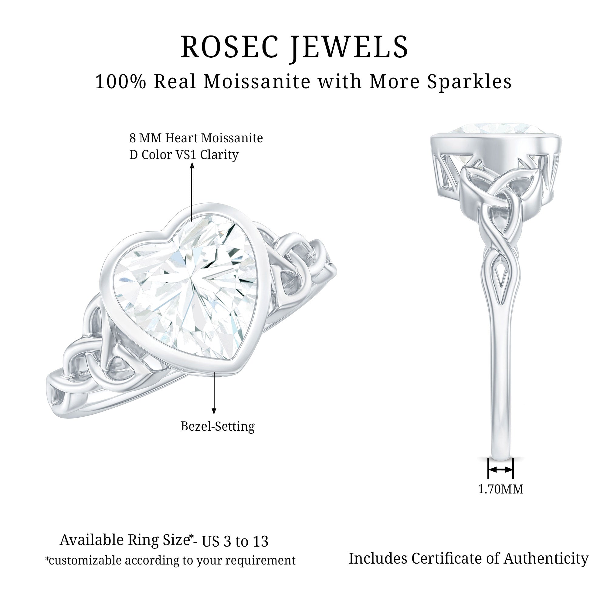 Heart Shape Moissanite Knot Engagement Ring in Bezel Setting D-VS1 - Rosec Jewels