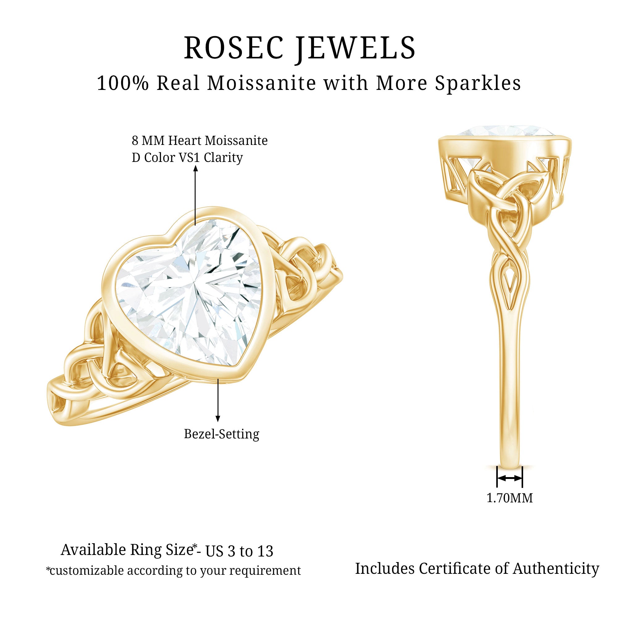 Heart Shape Moissanite Knot Engagement Ring in Bezel Setting D-VS1 - Rosec Jewels