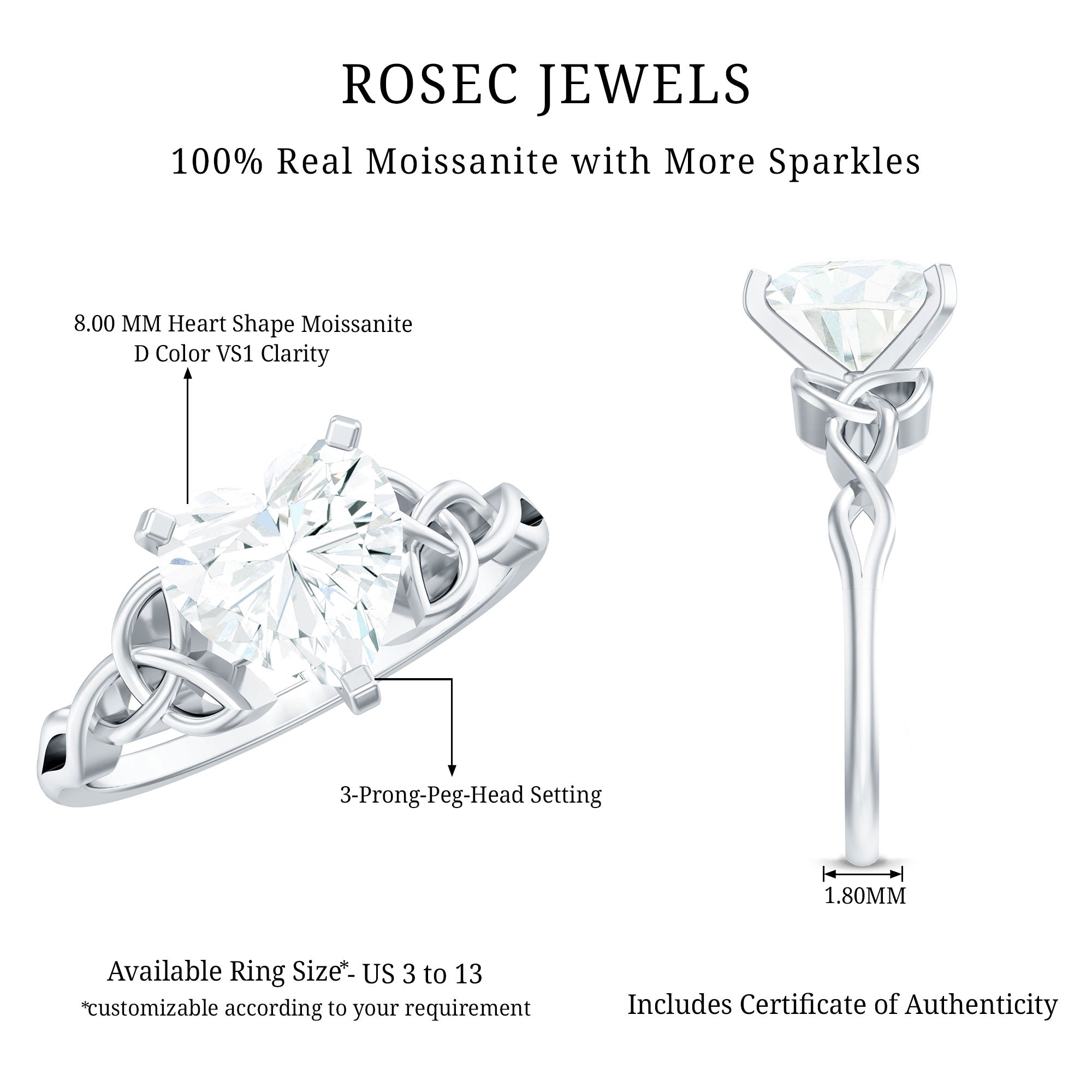 2 CT Heart Shaped Moissanite Celtic Knot Engagement Ring D-VS1 - Rosec Jewels