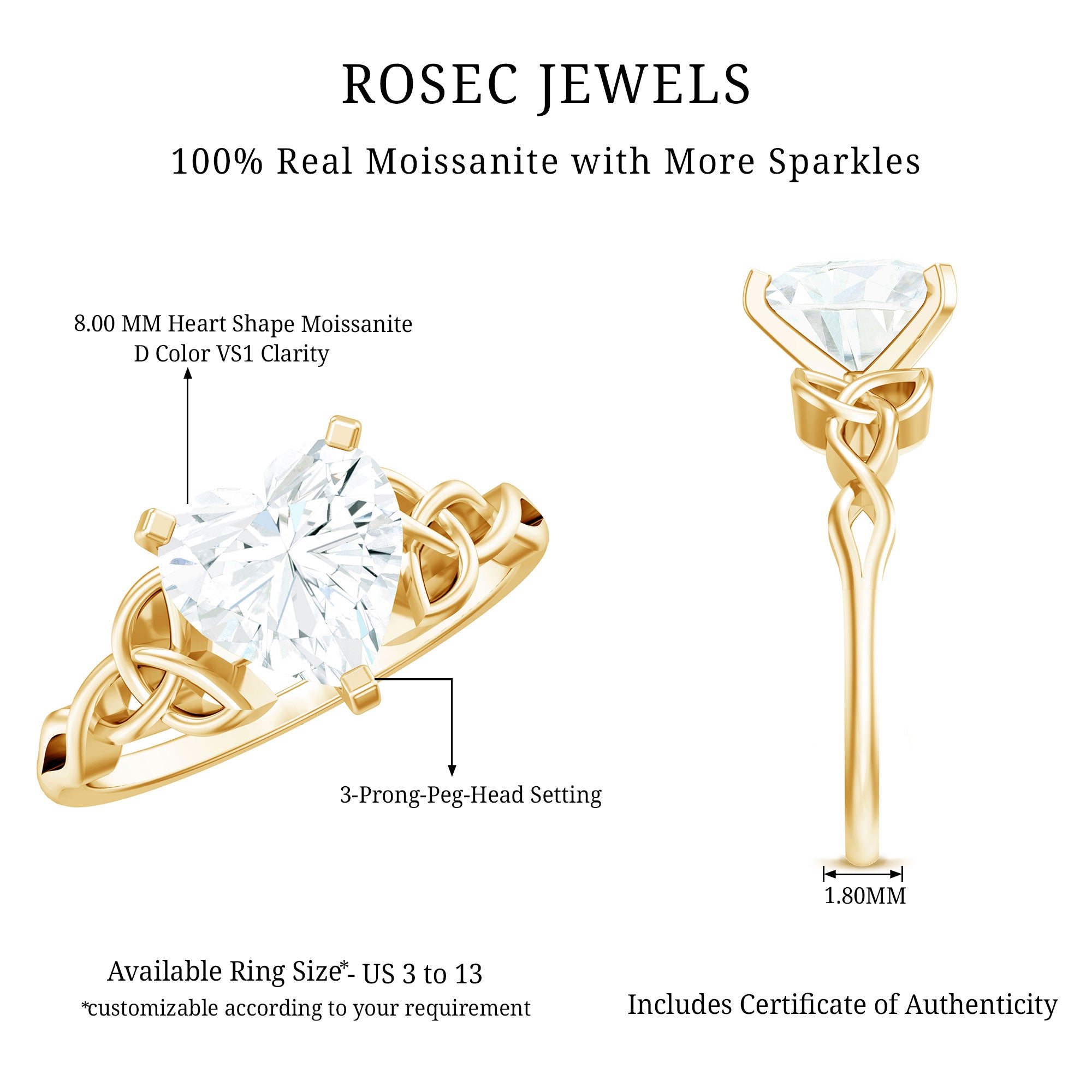 2 CT Heart Shaped Moissanite Celtic Knot Engagement Ring D-VS1 - Rosec Jewels
