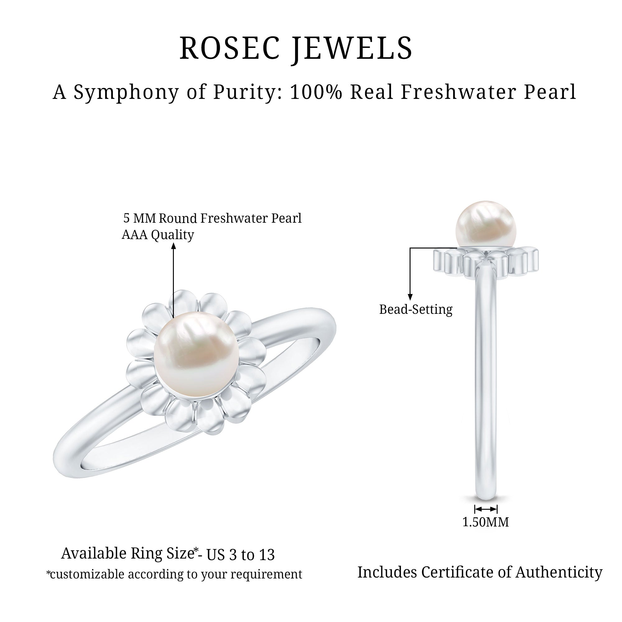 2 Carat Solitaire Freshwater Cultured Pearl Flower Ring AAA - Rosec Jewels