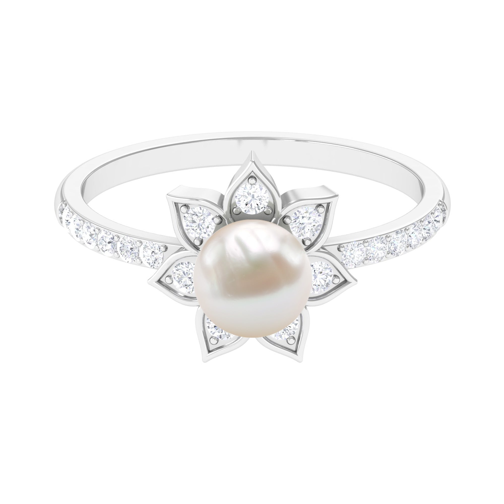 Freshwater Pearl Solitaire Floral Engagement Ring with Diamond